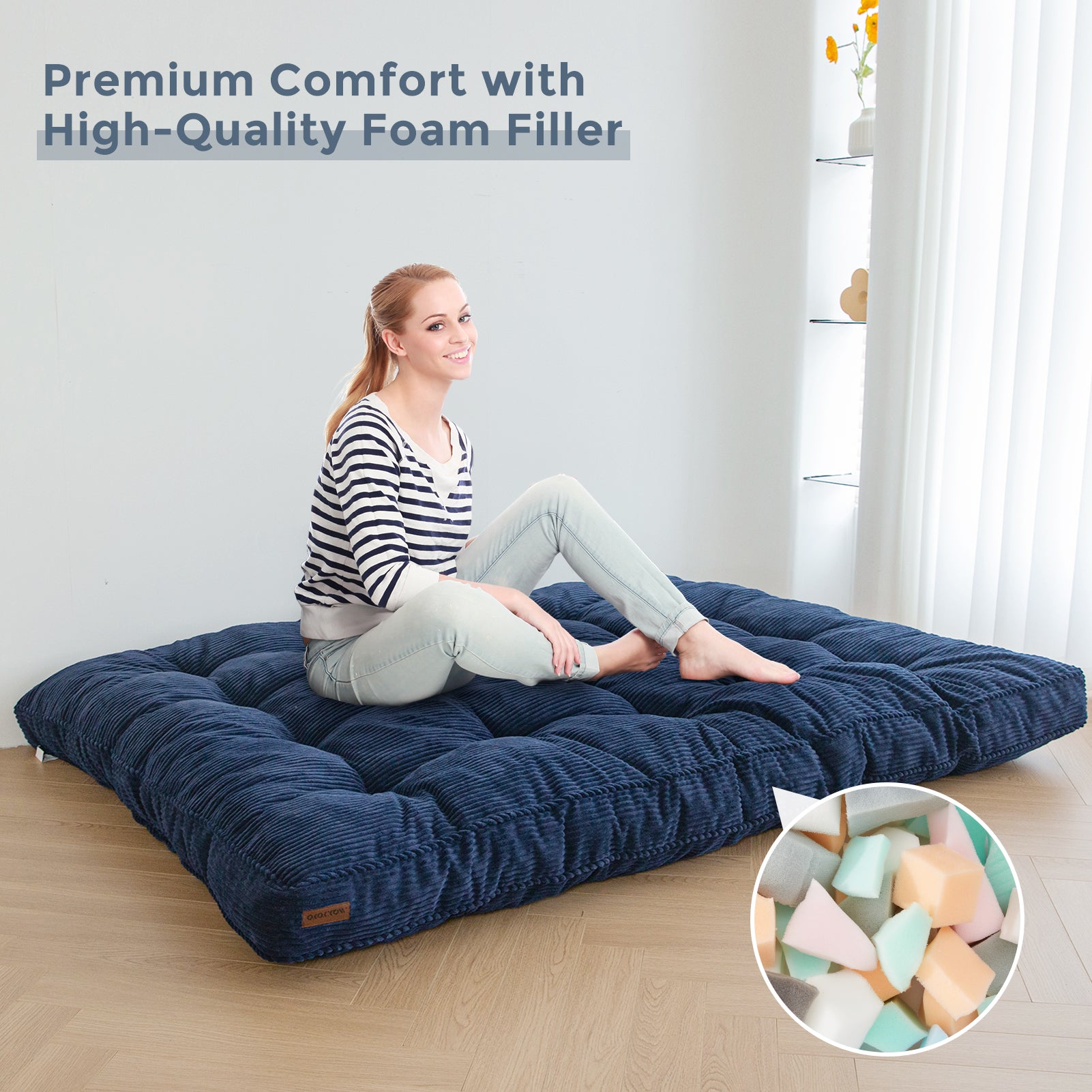 MAXYOYO 6-Inch Tufted Futon Sofa Bed - Thick Corduroy Fabric Floor Mattress for Adults (Mattress Only) Navy Blue - Perfect for Small Spaces, Guest Rooms & Dorm Rooms
