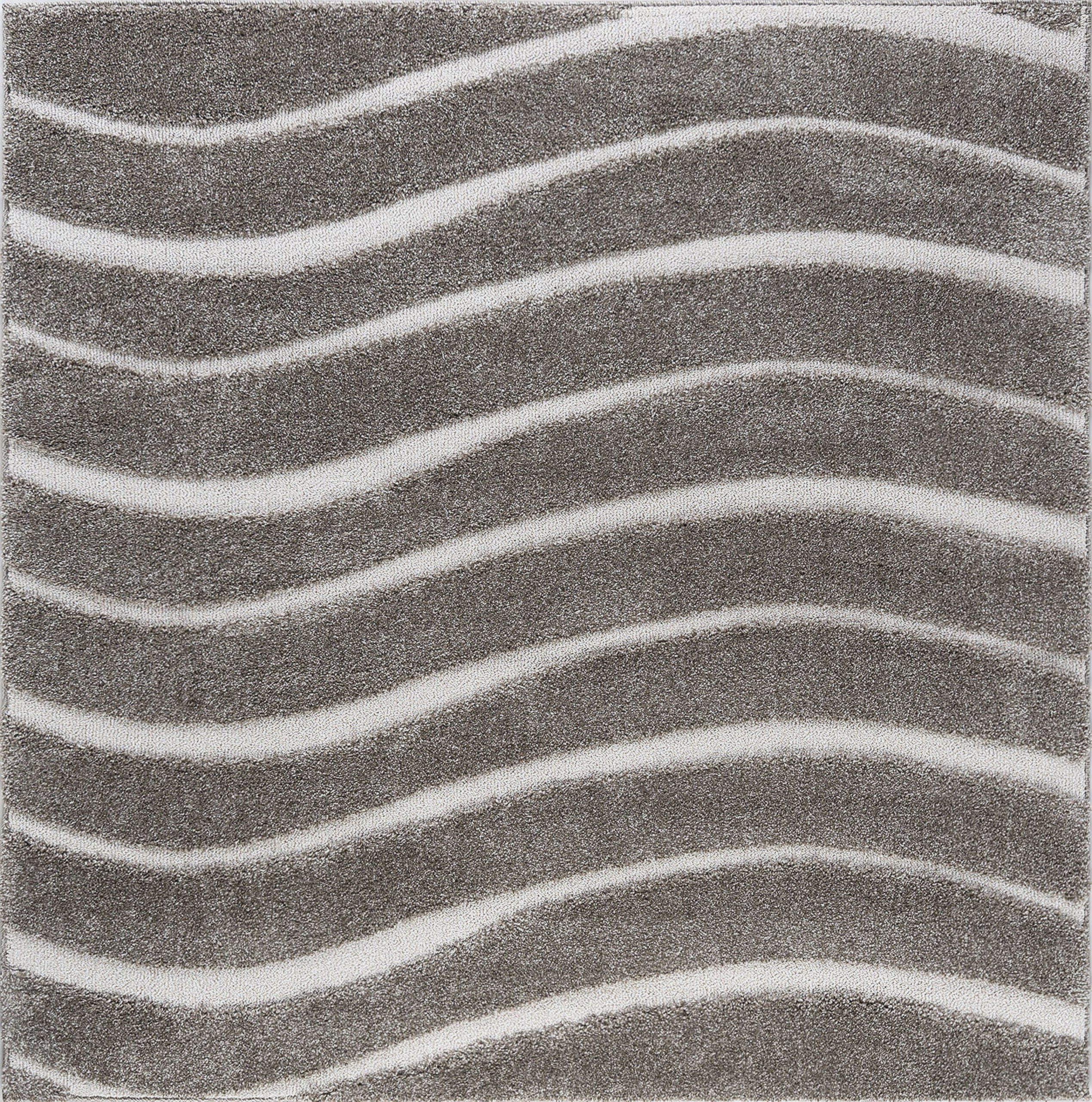 Waveland Modern Striped Gray Shag Area Rug 4x4 Feet - Soft Plush Square Rug for Living Room, Bedroom, Nursery & Home Decor