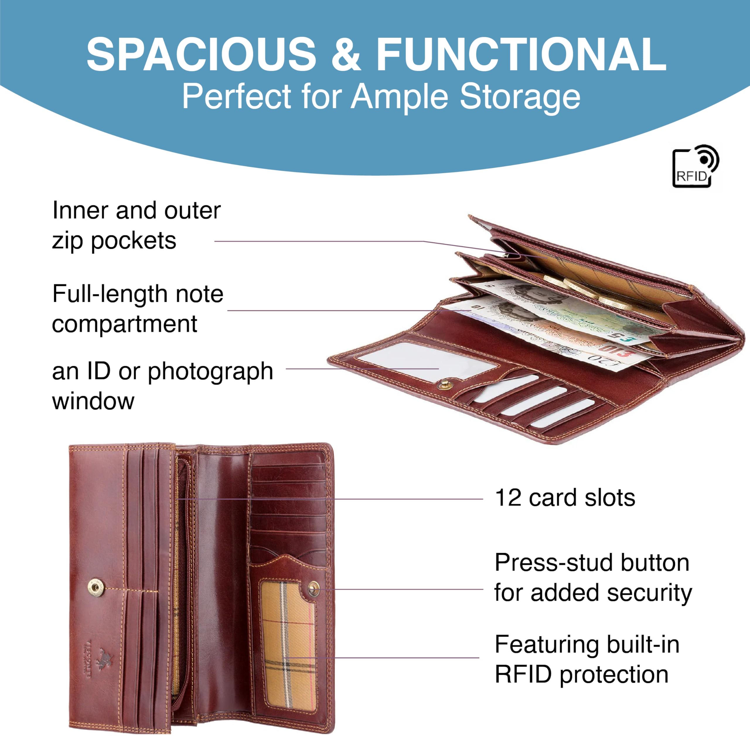 VISCONTI Florence RFID Blocking Leather Wallet for Women - Brown Monza Collection - 12 Credit Card Slots, 4 Slip Pockets, ID Window & Coin Pocket - Perfect for Work, Travel & Everyday Use