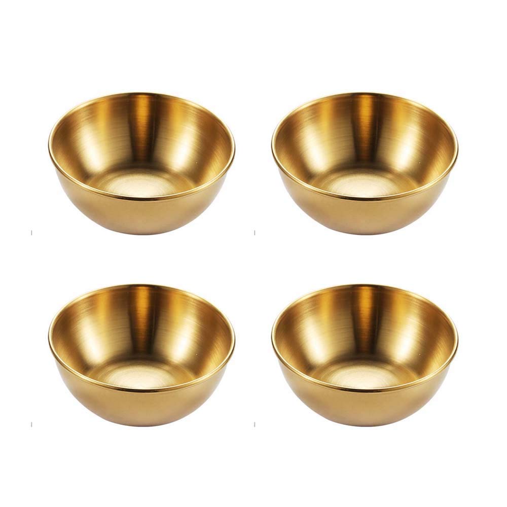 HUOFU 4-Piece Stainless Steel Mini Sauce Bowls - Round Seasoning Dishes for Sushi, Appetizers & Soy Sauce - Elegant Gold Dipping Bowls for Home Dining, Restaurants & Party Serving