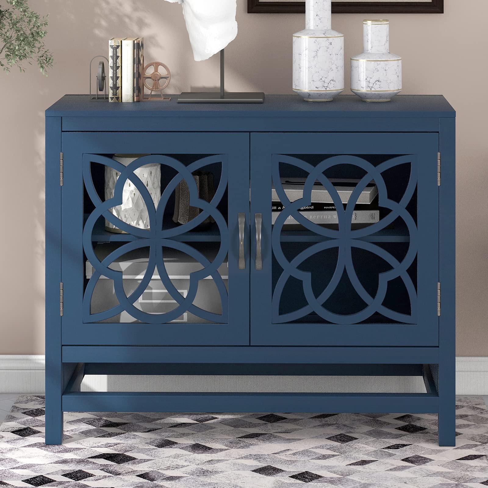 Buffet Cabinet with Storage & Adjustable Shelf - Wooden Sideboard with 2 Fretwork Doors - Entryway, Kitchen & Dining Room Storage Furniture - Navy Blue Accent Console for Home Decor & Organization