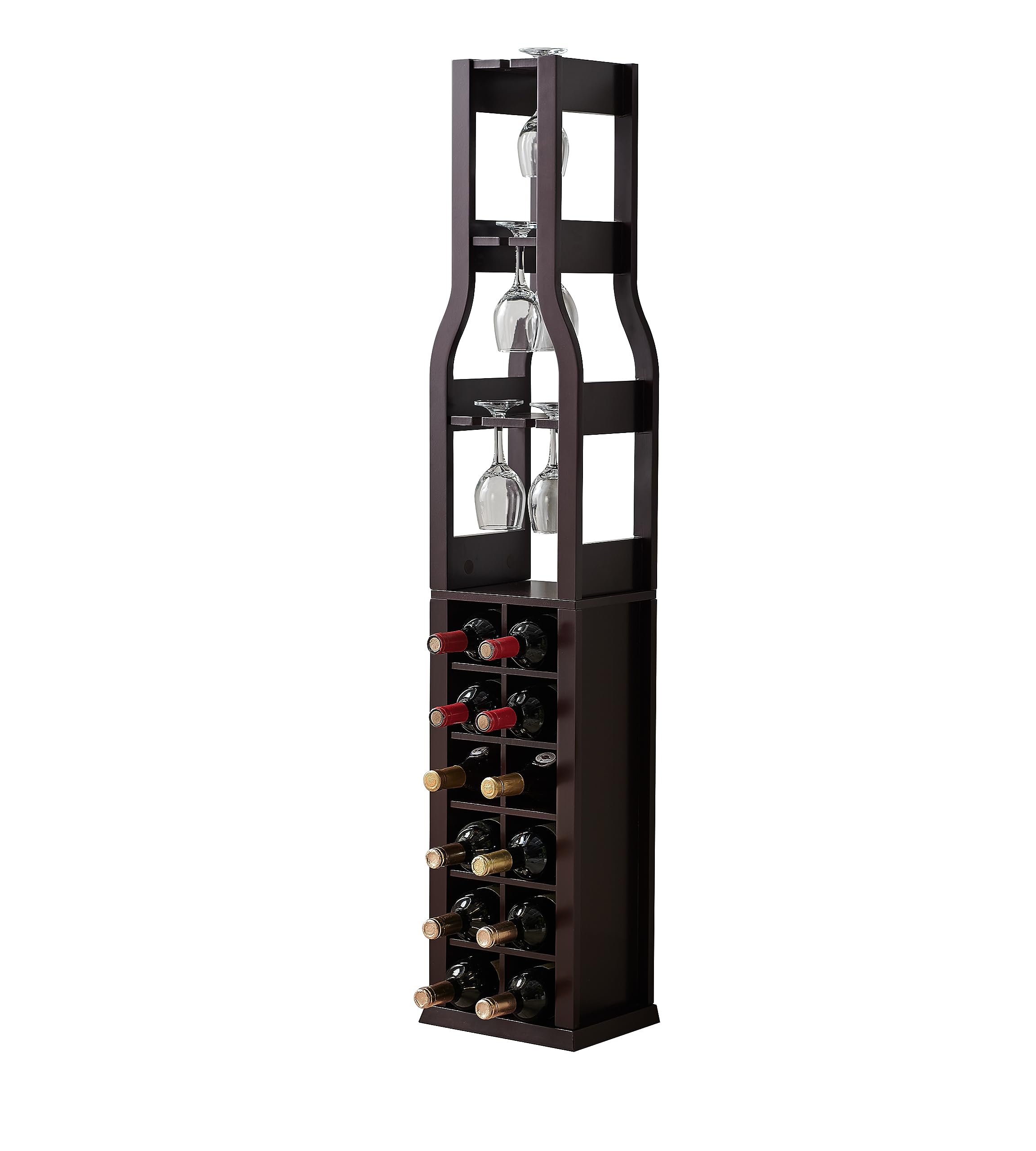 Kings Brand Granger Freestanding Wine Rack with Glass Holder - 12 Bottle Capacity & 3 Stemware Racks - Dark Cherry Wood Floor Standing Wine Storage for Home Bar, Kitchen, Dining Room - Perfect for Wine Enthusiasts & Entertaining Guests