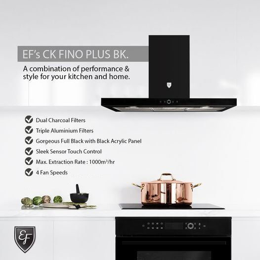EF 90cm Chimney Hood CK FINO PLUS BK - Powerful Kitchen Extractor Fan with LED Lights - Perfect for Modern Homes & Restaurants