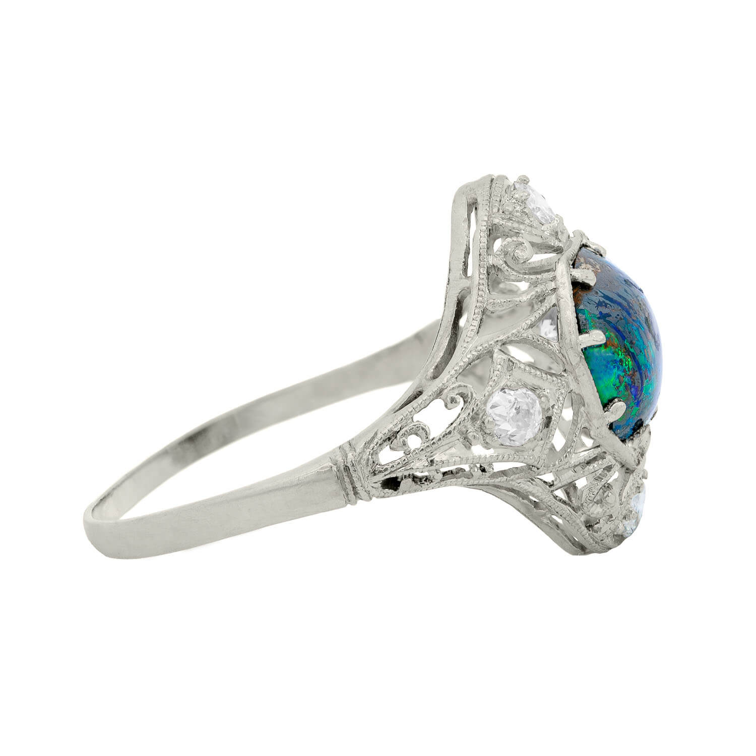 Exquisite Art Nouveau Platinum Opal & Diamond Filigree Ring – Vintage Jewelry for Weddings, Anniversaries & Special Occasions