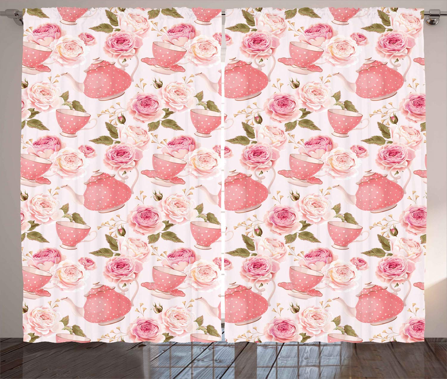 Ambesonne Floral Curtains - Vintage Tea Cup & Rose Print Shabby Chic Window Drapes, 2 Panel Set (108