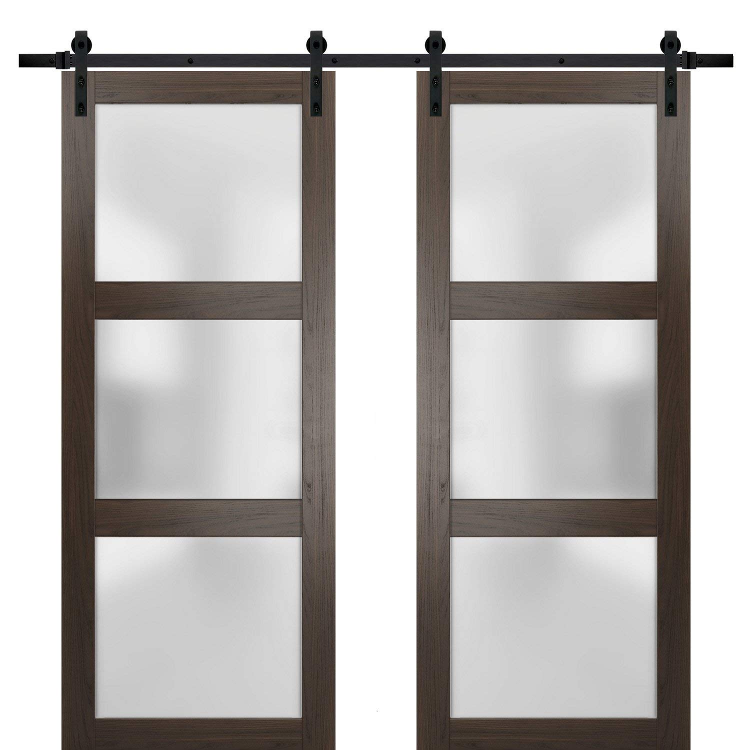 64 x 80 Inch Sturdy Double Barn Door with Frosted Glass - Lucia 2552 Chocolate Ash Finish | Top Mount 13FT Rail Hangers Heavy Duty Set | Solid Panel Interior Doors for Bedroom, Closet, or Farmhouse Style Home