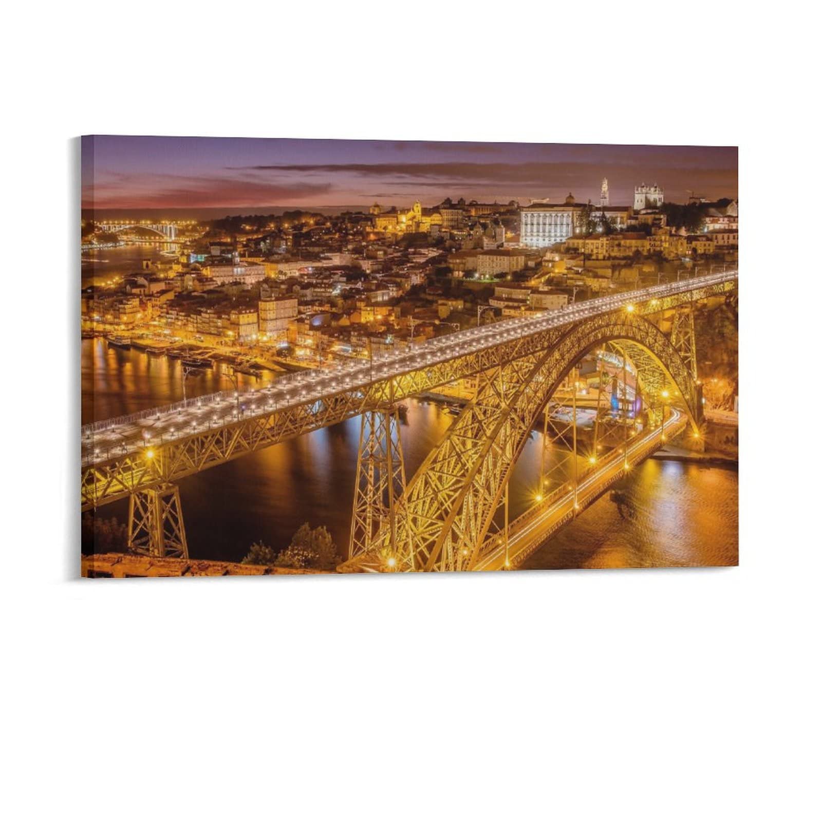 Portugal Porto Bridge River Night Street Light Canvas Wall Art - Landscape Painting for Living Room, Bedroom & Office Decor - Perfect Gift for Home & Sports Enthusiasts | Enhance Your Space with Stunning Scenery