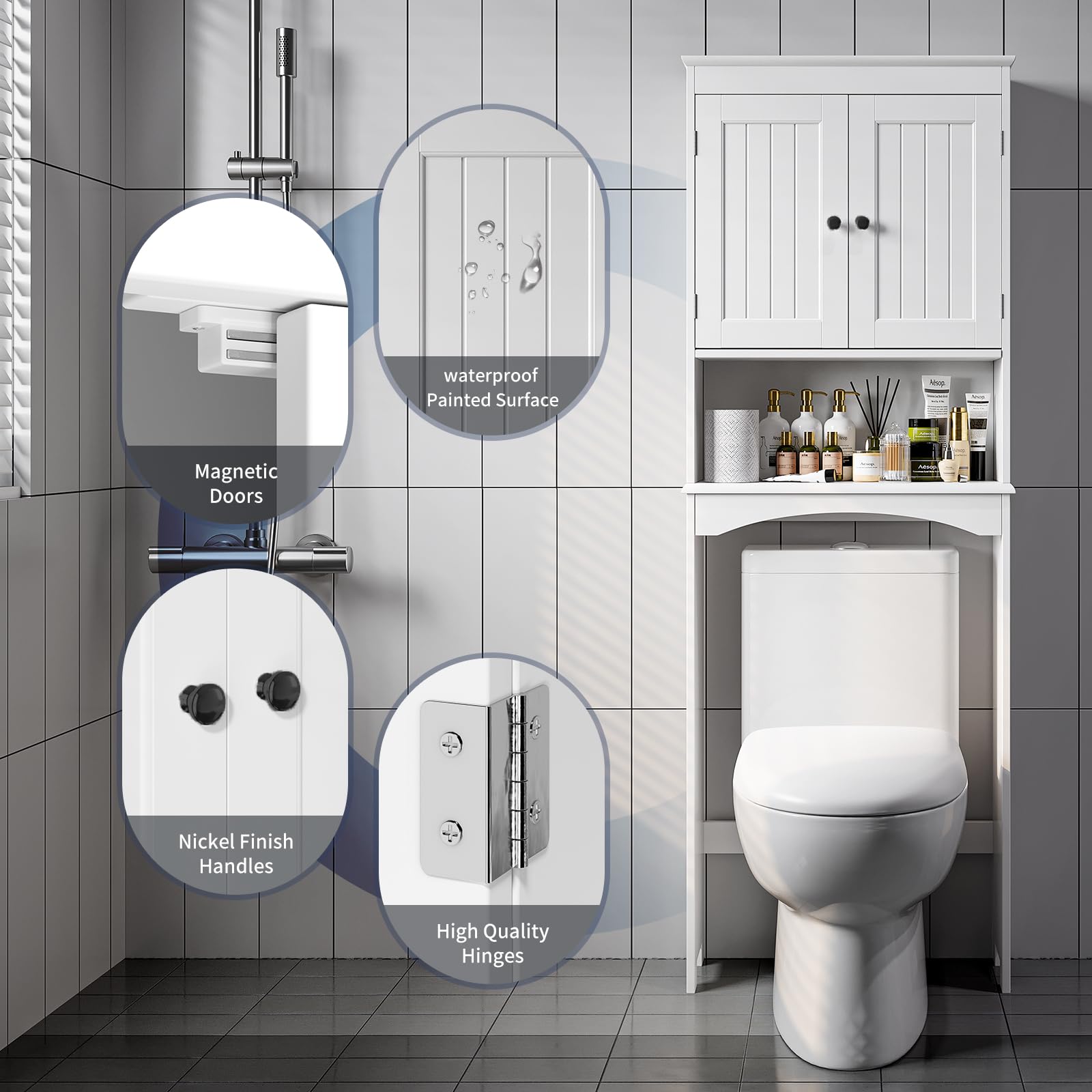 Bealife Over The Toilet Storage Cabinet with Adjustable Open Shelf & Double Doors - White | Bathroom Organizer for Towels, Toiletries & Cleaning Supplies | Space-Saving Freestanding Design for Small Bathrooms