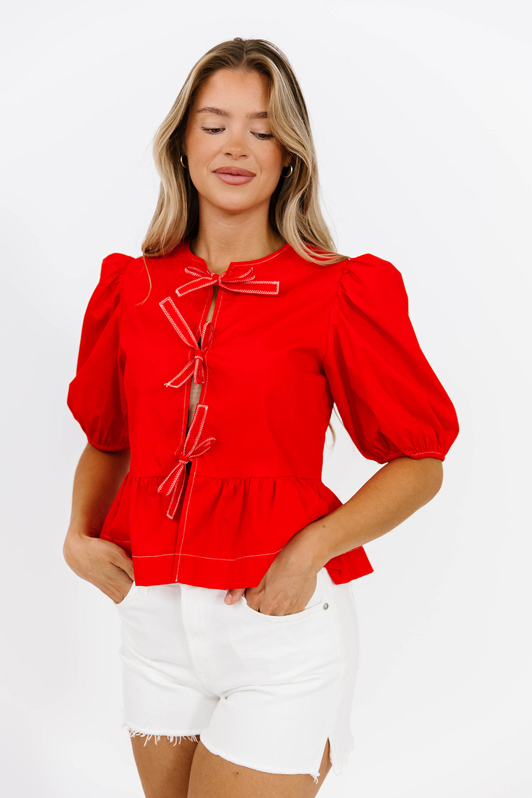 Mabel Knot Detail Peplum Top in Poppy - Stylish Women's Blouse for Casual Wear, Office Outfits & Date Nights