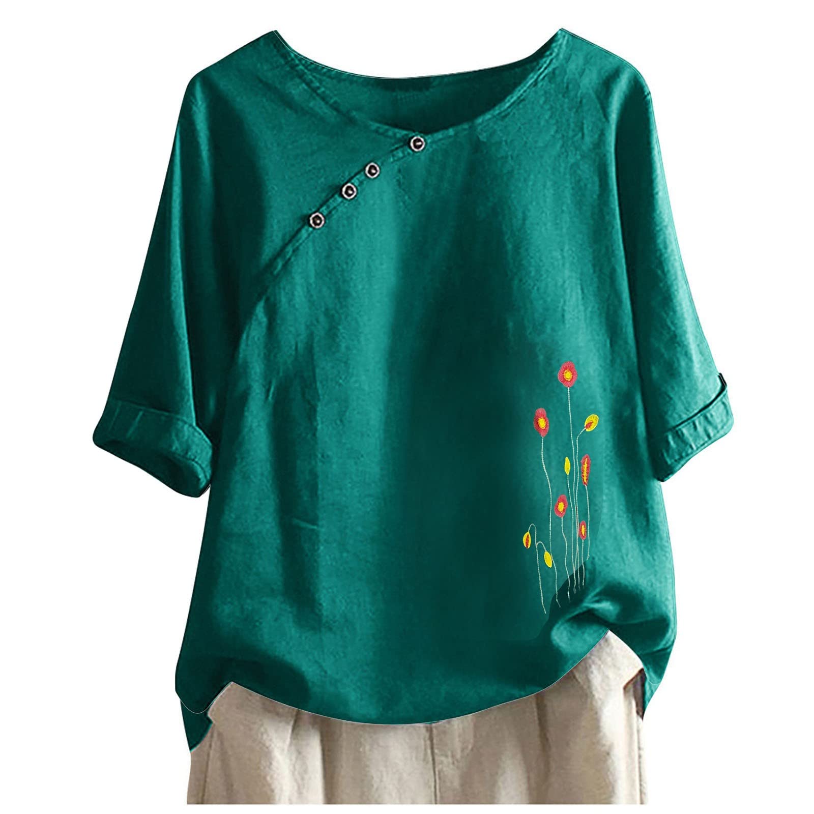 Women's Summer Tops - Cotton Linen Button Down Shirts with Floral Print, Round Neck Short Sleeve Casual Loose Fit T-Shirts - Perfect for Beach, Vacation and Everyday Wear