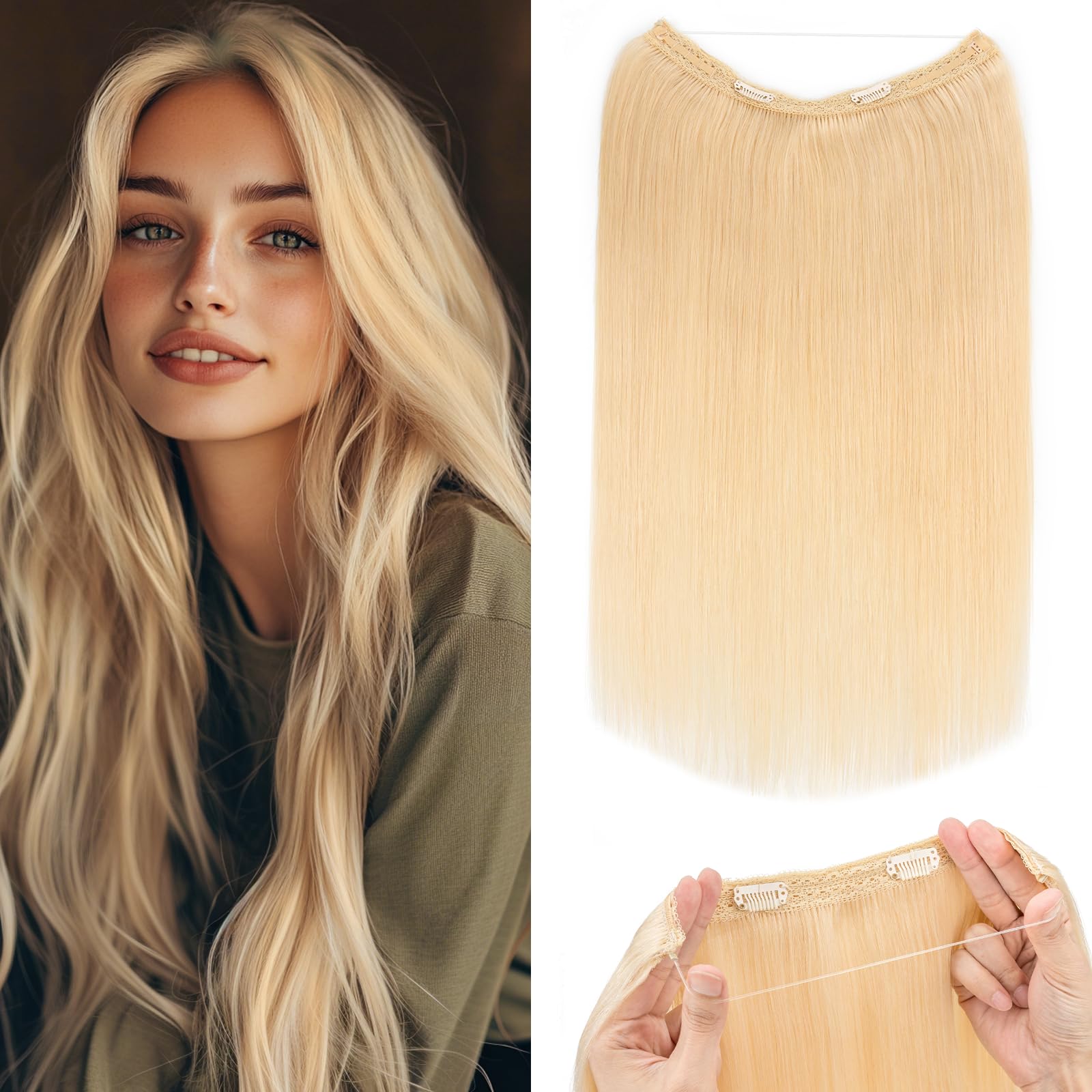 100% Real Human Hair Halo Extensions - 18 Inch #613 Bleach Blonde Remy Hair with Invisible Wire for Women | Seamless, Natural-Looking Hair Extensions for Daily Wear, Special Occasions & Styling