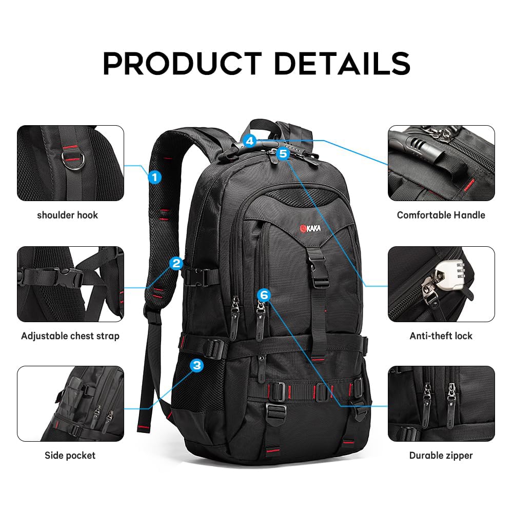 KAKA Travel Backpack TSA Approved 17.3 Inch Laptop Compartment - Waterproof Duffle Bag for Men & Women - Perfect for Air Travel, Hiking & Outdoor Adventures