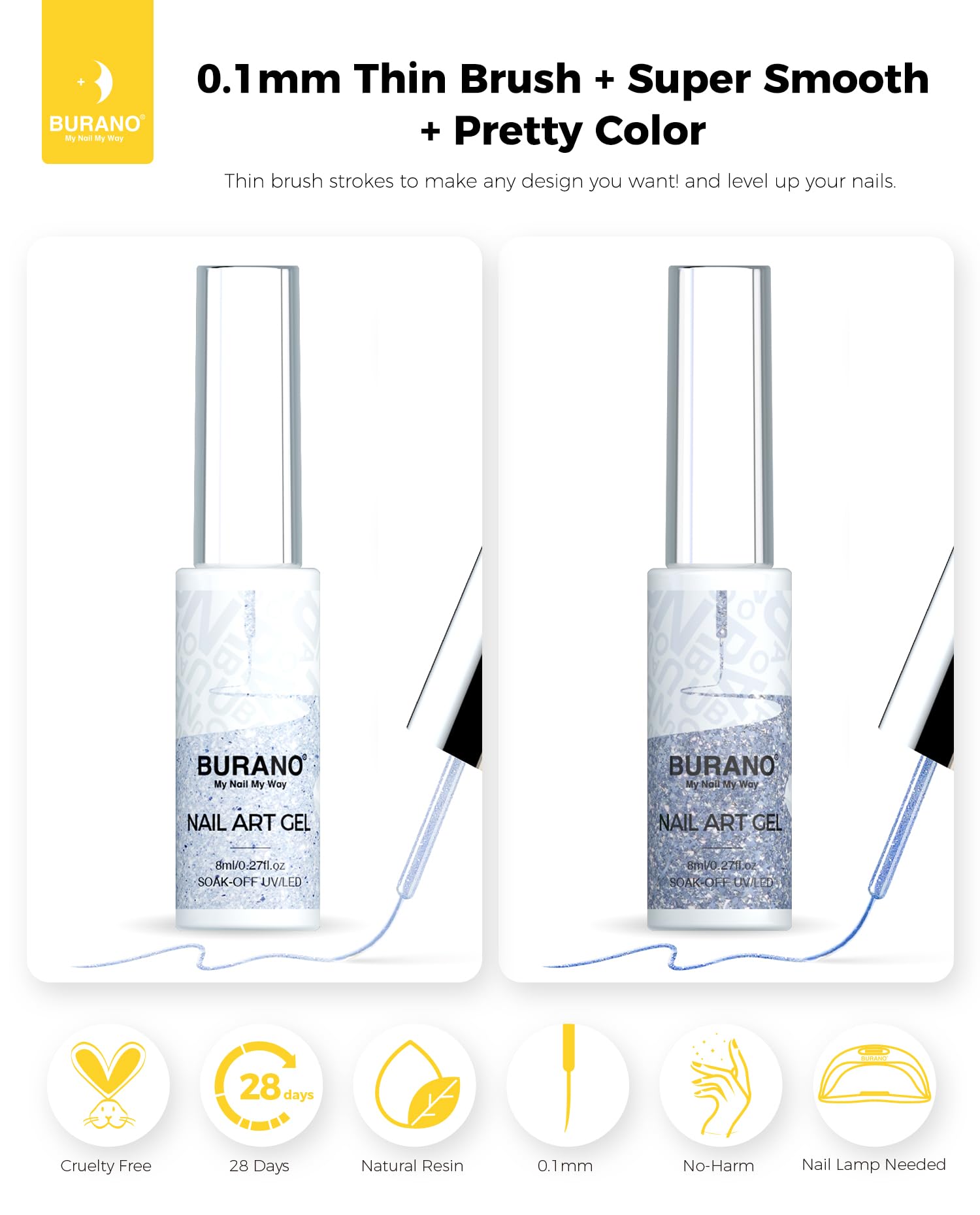 BURANO Silver & Gold Gel Nail Polish Set - 2 Bottles (8ml Each) with Thin Brush for Precise Nail Art Designs, UV/LED Curing Required - Perfect for Salon, Home Manicures & Special Occasions
