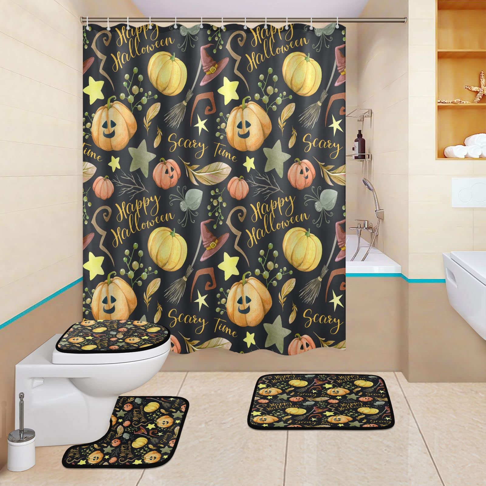 JSTEL Halloween Bathroom Rug Set - 4 Piece Non-Slip Memory Foam Bath Mat with Shower Curtain, Toilet Lid Cover & Contour Rug (Includes 12 Hooks) - Spooky Pumpkin Design for Halloween Decor & Bathroom Safety