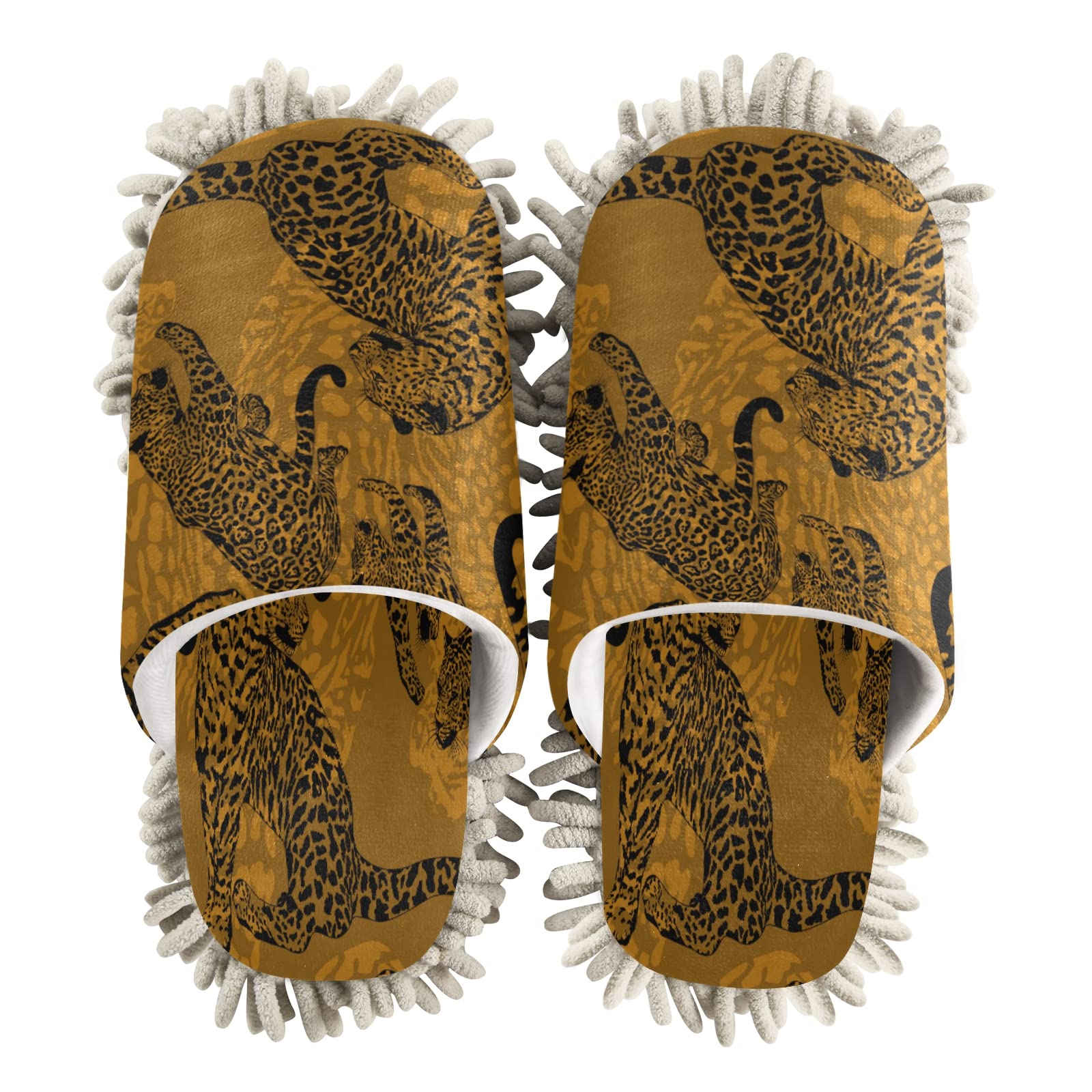 Vintage Leopard Print Cheetah Fuzzy Indoor Slippers for Women & Men - Warm Non-Slip House Shoes with Floor Cleaning Function - Perfect for Kitchen, Living Room, Bedroom & Home Use