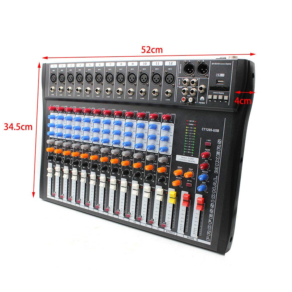 12 Channel USB Audio Mixer Console with 48V Phantom Power - Professional Studio Sound Board for Live Recording, DJing & Podcasting - Perfect for Home Studios, Church Events & Music Production