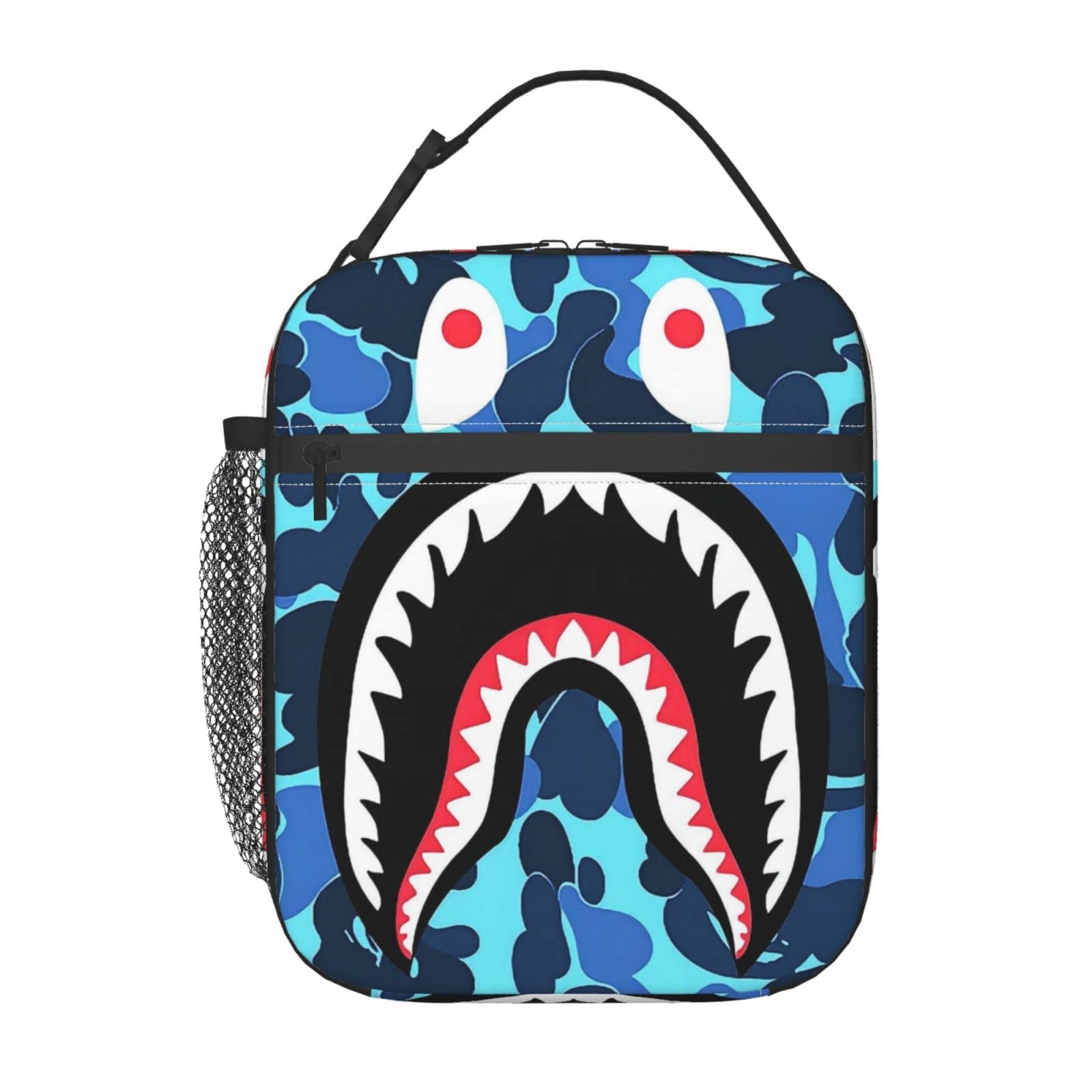 Blue Camo Shark Face Insulated Lunch Bag - Unisex Tote for Office, Work & Picnic | Heat & Cold Preservation Portable Bento Box for Men & Women