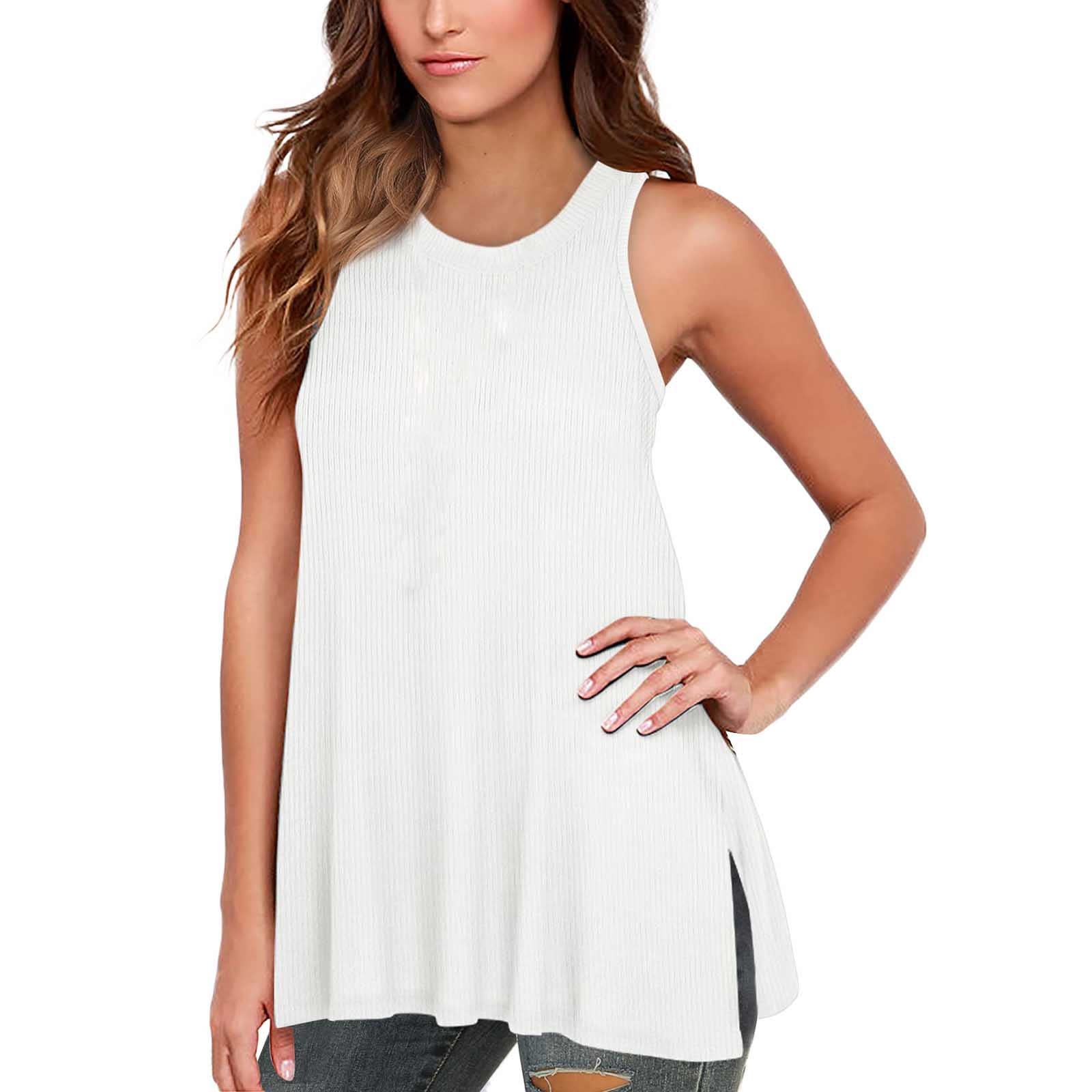 Women's Summer Sleeveless Loose Tunic Blouse - Casual Split Side Tank Top with Lace Detail (White, XL) | Perfect for Beach Outings, Yoga, and Summer Fashion