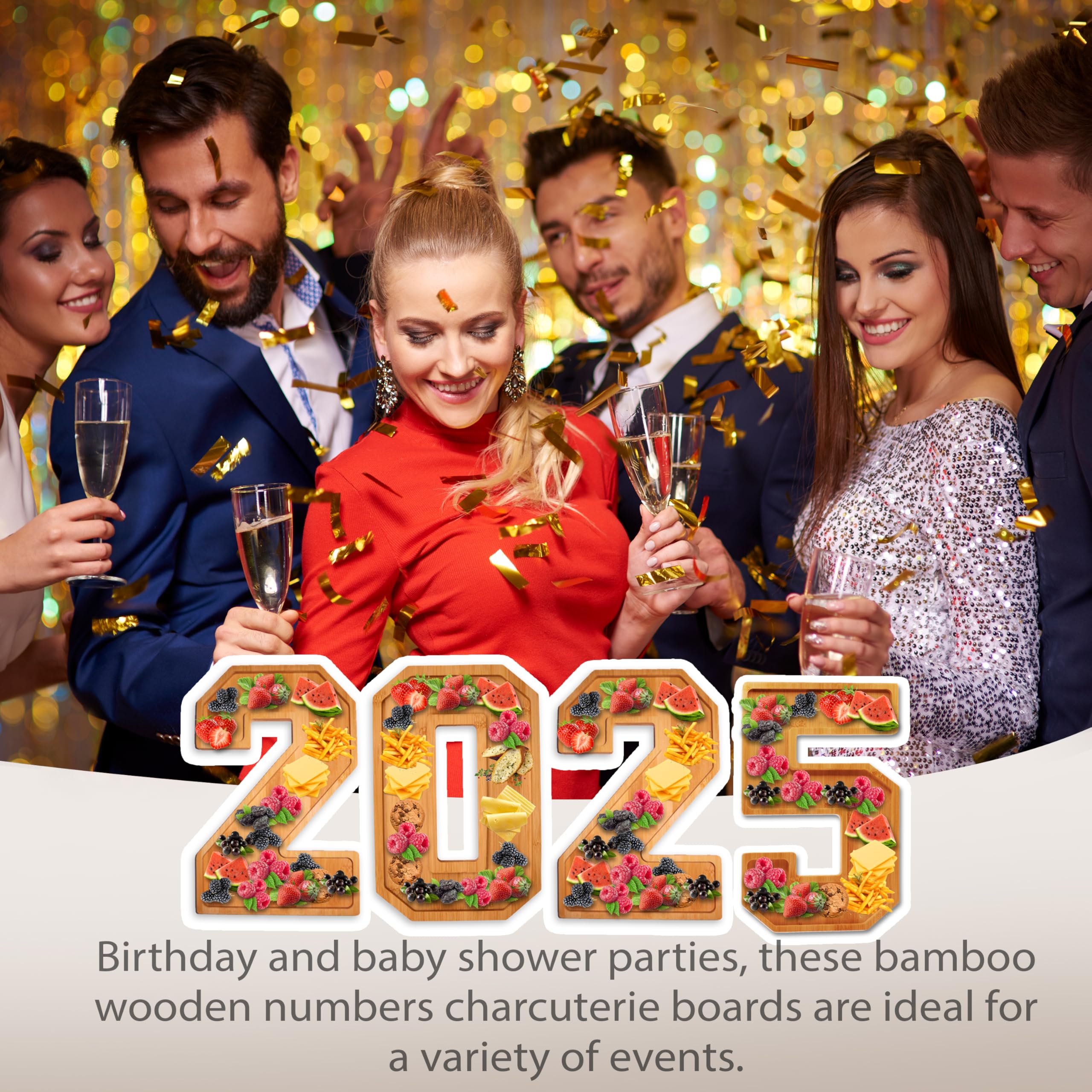 2025 Charcuterie Board with Numbers - Bamboo Cheese Tray for New Year's Party Decorations | Fillable Food Serving Platter for NYE Celebrations, Charcuterie Box & Appetizer Display