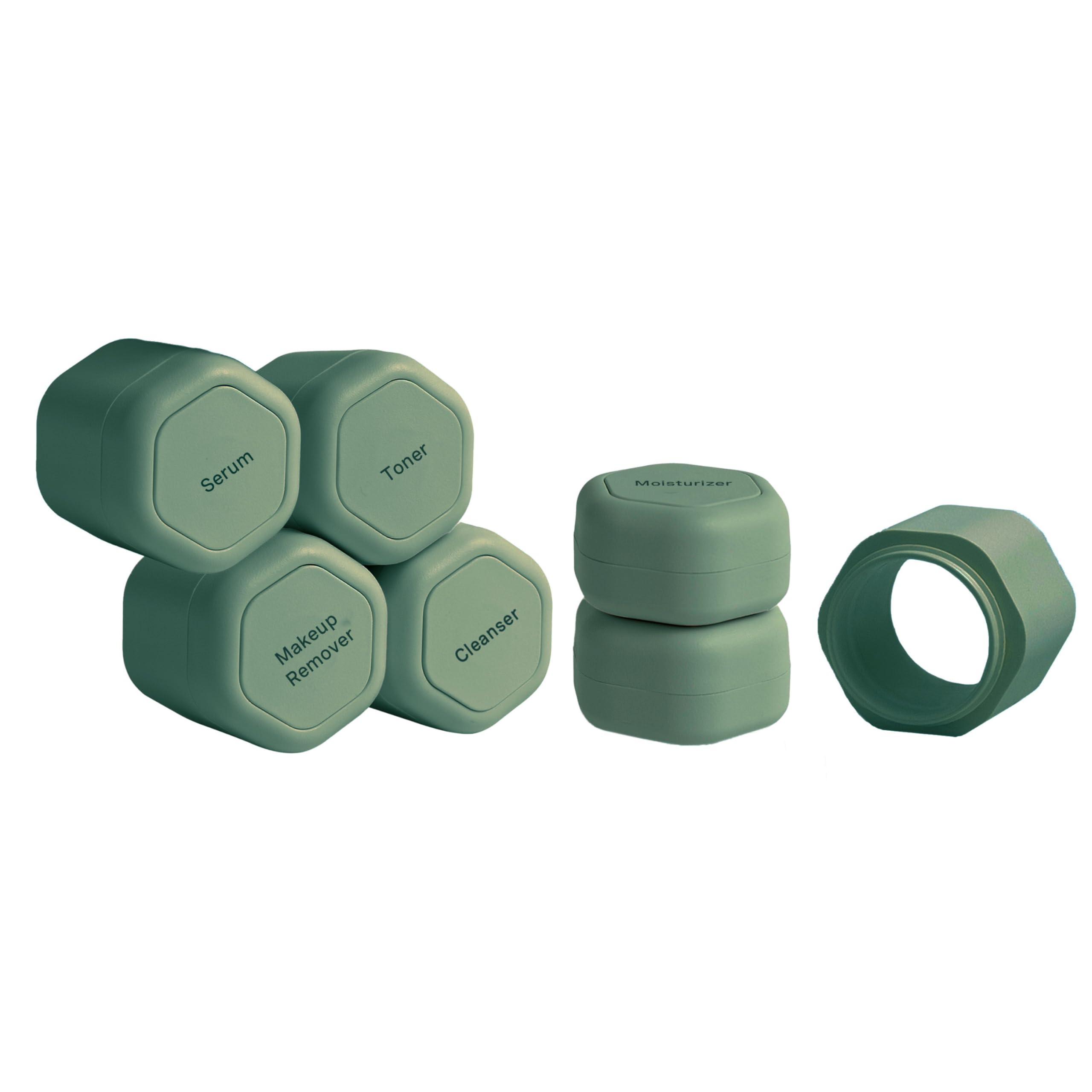 Cadence Travel Containers - Magnetic Skincare Set with 2 Small (0.56oz), 4 Medium (1.32oz) & Extender (1.43oz) Capsules - Leakproof Refillable Toiletry Organizer with Labels - Perfect for Travel, Gym & Daily Skincare Routine - Eucalyptus Scented