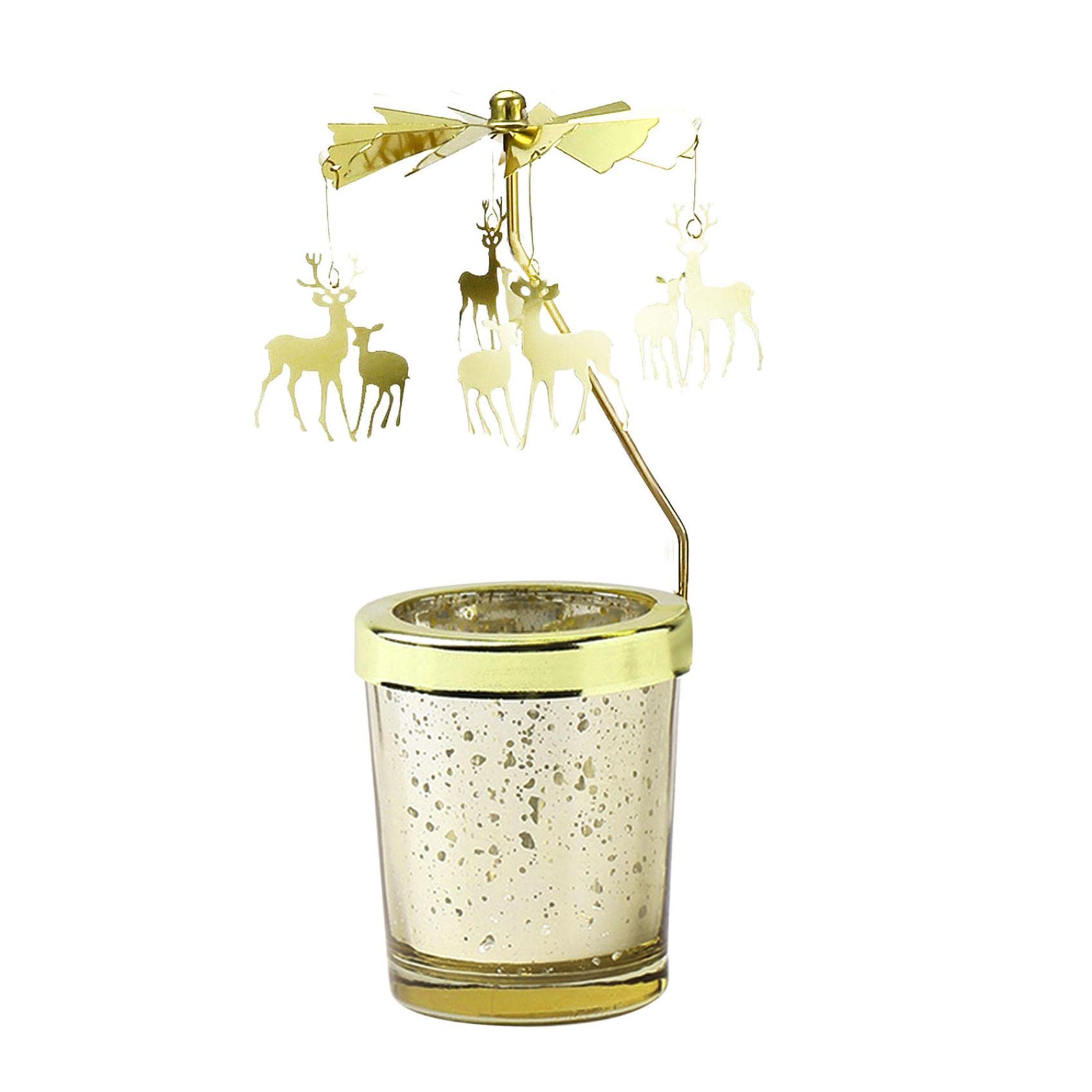 Rotating Gold Candle Holder - Double Deer Christmas Carousel Spinning Tea Light for Romantic Wedding Table Decor, Holiday Centerpiece & Home Decoration | Perfect for Christmas, Weddings, and Cozy Winter Nights