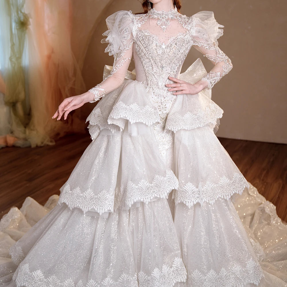 Elegant O-Neck Long Sleeve Wedding Gown with Tiered Bow & Sequins - Perfect for Bridal Ceremonies, Vow Renewals, and Formal Events