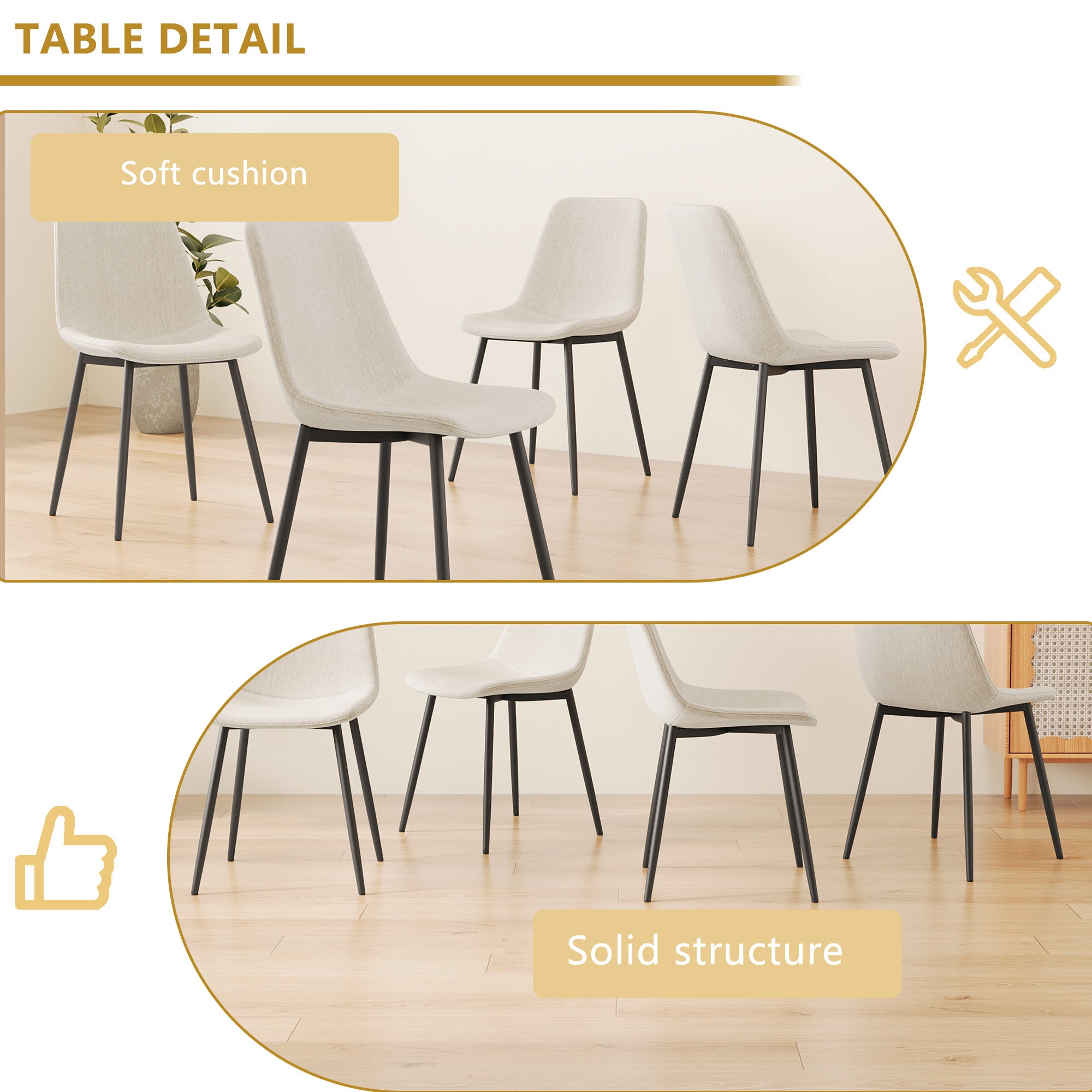 Modern Kitchen Dining Chairs Set of 4 - Linen Padded Seats with Sturdy Black Metal Legs (Beige) - Perfect for Home, Office, Restaurant & Cafe Use