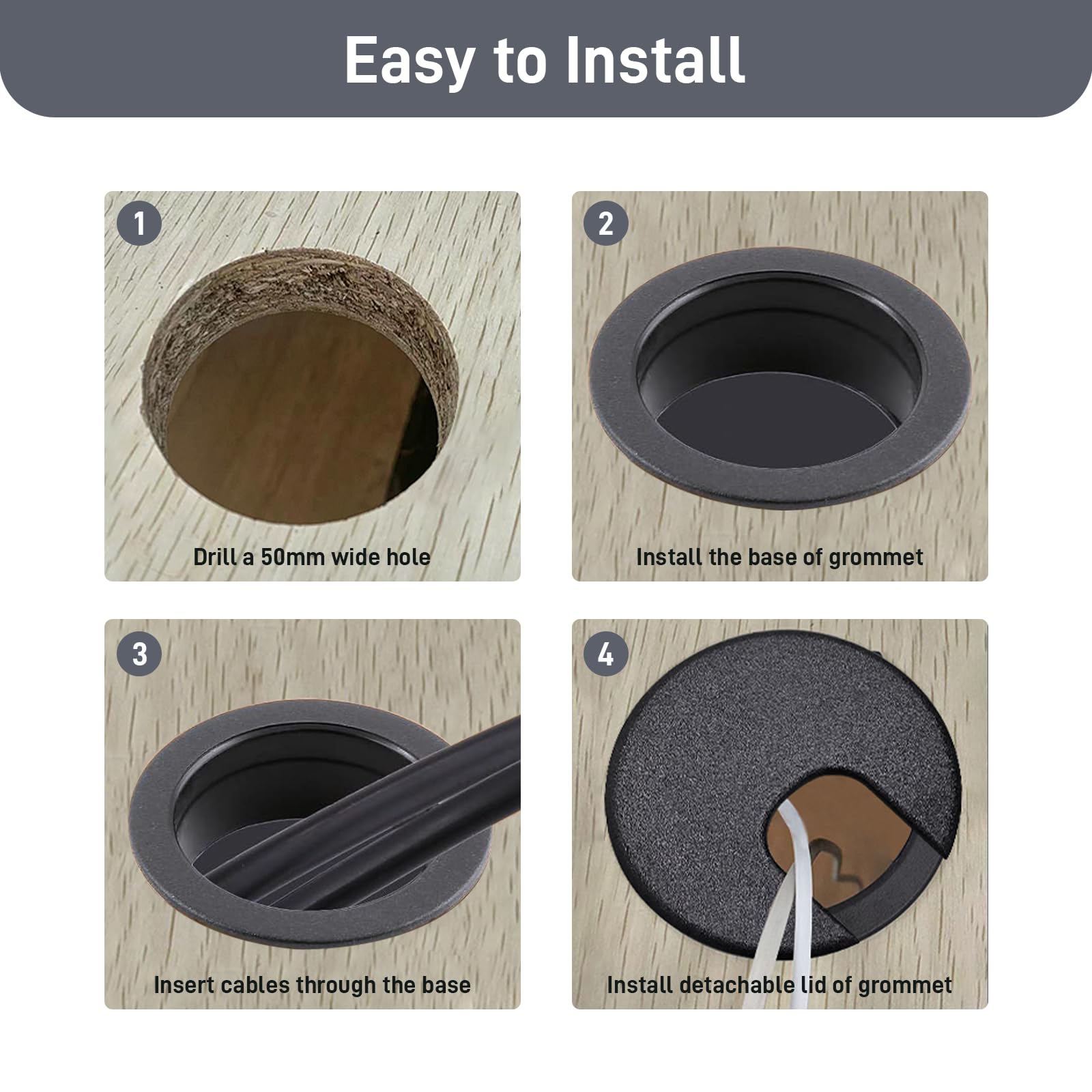 2 Inch Black ABS Plastic Desk Grommet - 4 Pack Durable Detachable Cable Hole Cover for Home & Office Desks - Perfect for Organizing Computer Wires, Monitor Cables & Power Cords Under Workstations