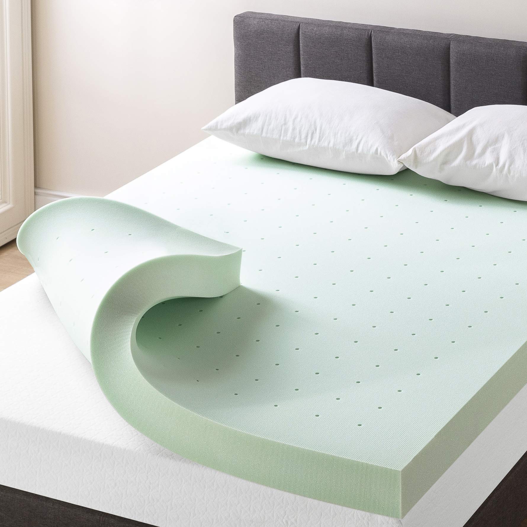 4 Inch Ventilated Memory Foam Mattress Topper with Green Tea Infusion - CertiPUR-US Certified, Cooling Comfort for Short Queen Beds | Perfect for Guest Rooms, Dorms & RVs