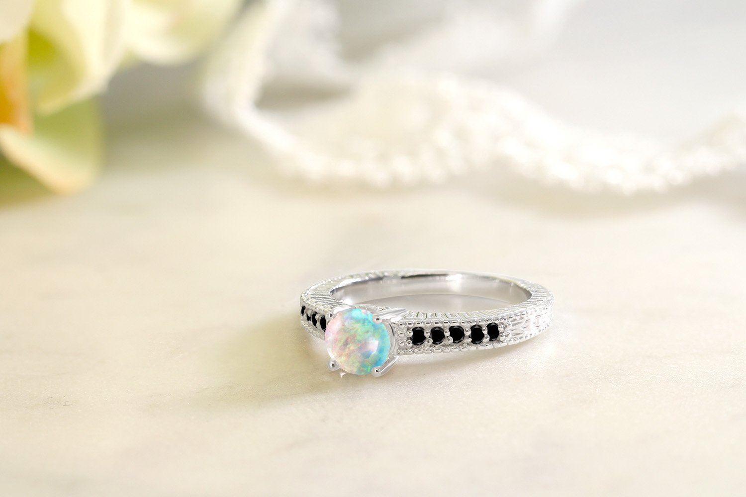 0.92Ct Simulated Opal & Black Diamond 925 Sterling Silver Engagement Ring for Women - Gem Stone King | Wedding, Proposal, Anniversary Gift Idea