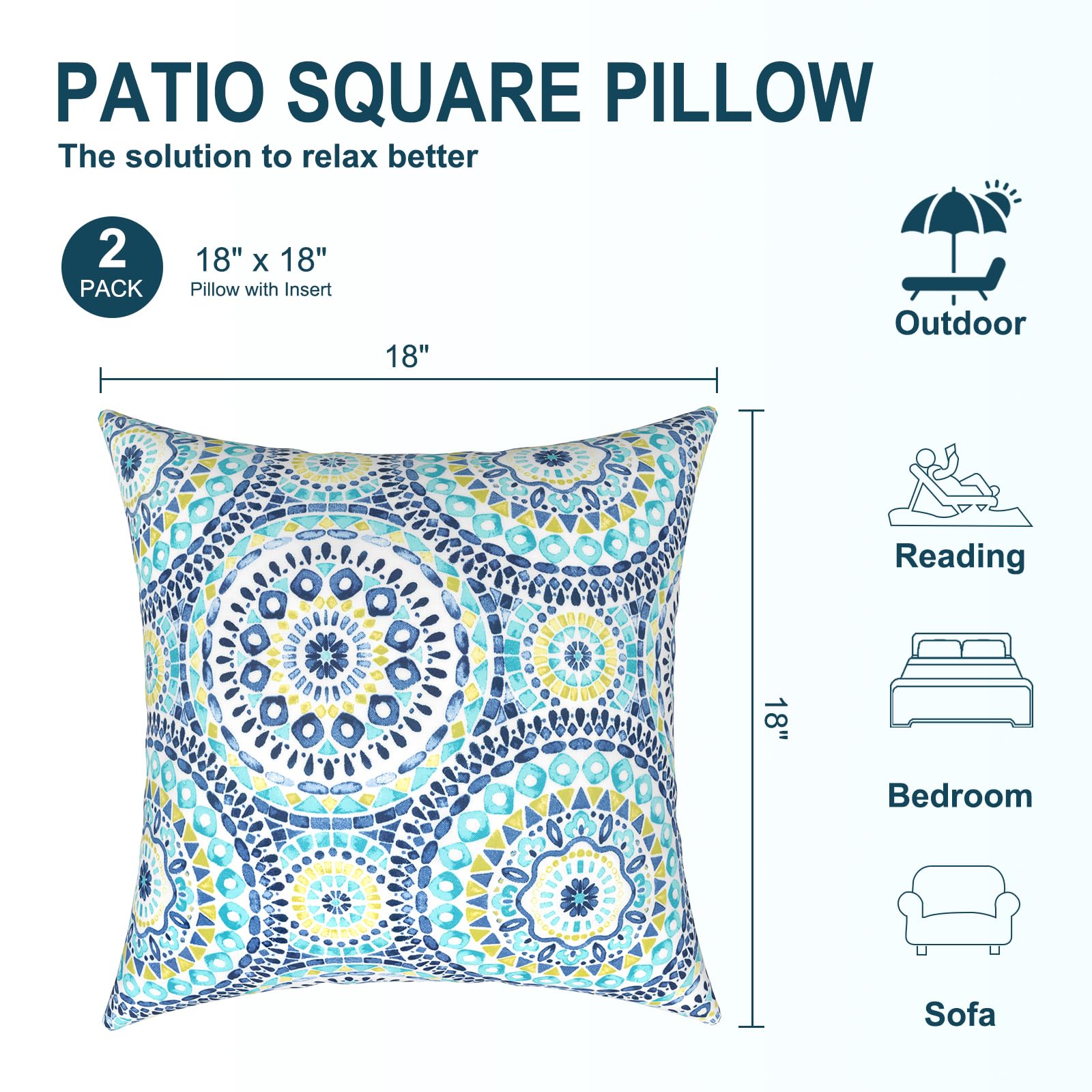 2 Pack Waterproof Outdoor Pillows 18x18 Inch - Square Decorative Throw Pillows for Patio Furniture, Sofa, Bench - All-Weather Cushion Covers with Inserts - Perfect for Backyard, Poolside & Garden Decor (Delancey Lagoon)
