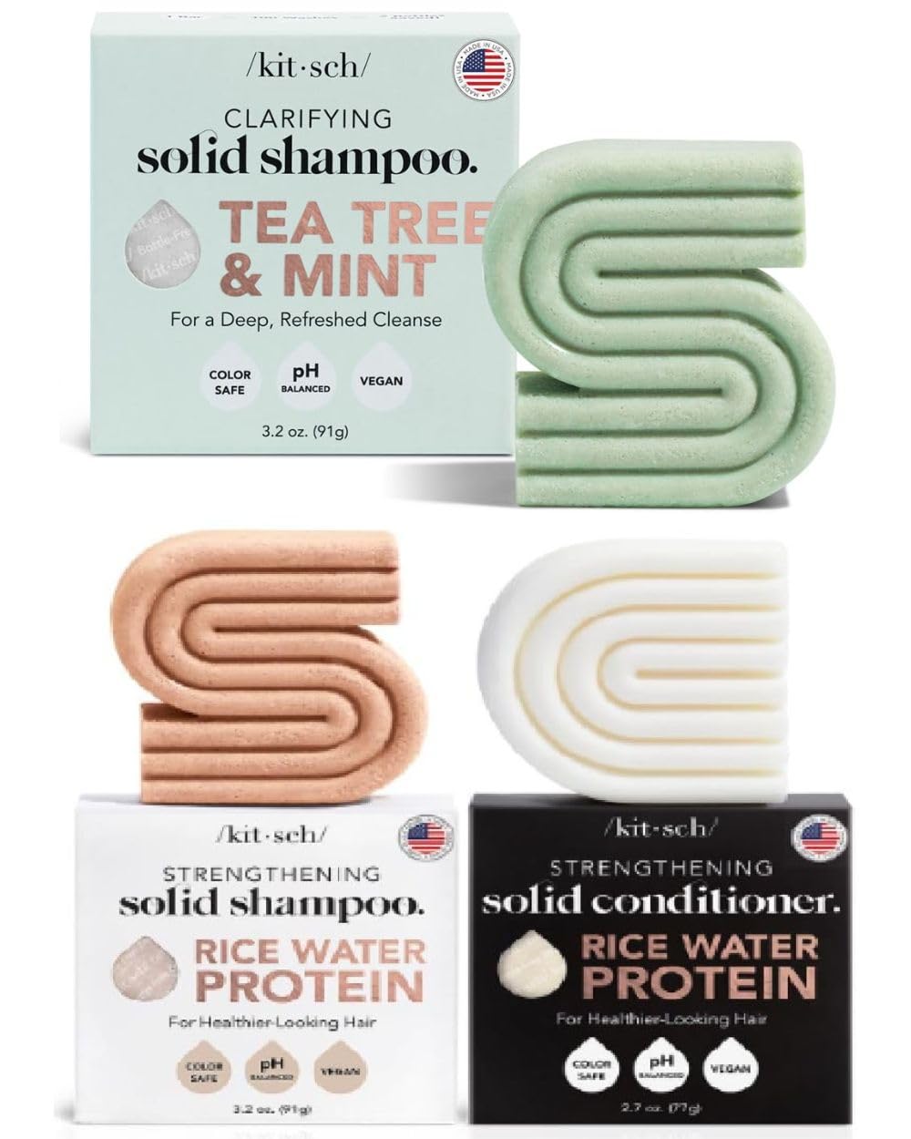 Kitsch Tea Tree & Mint Shampoo Bar & Rice Shampoo Conditioner Bar Set - Natural Hair Care for Dandruff & Scalp Health - Perfect for Travel, Camping & Eco-Friendly Bathroom