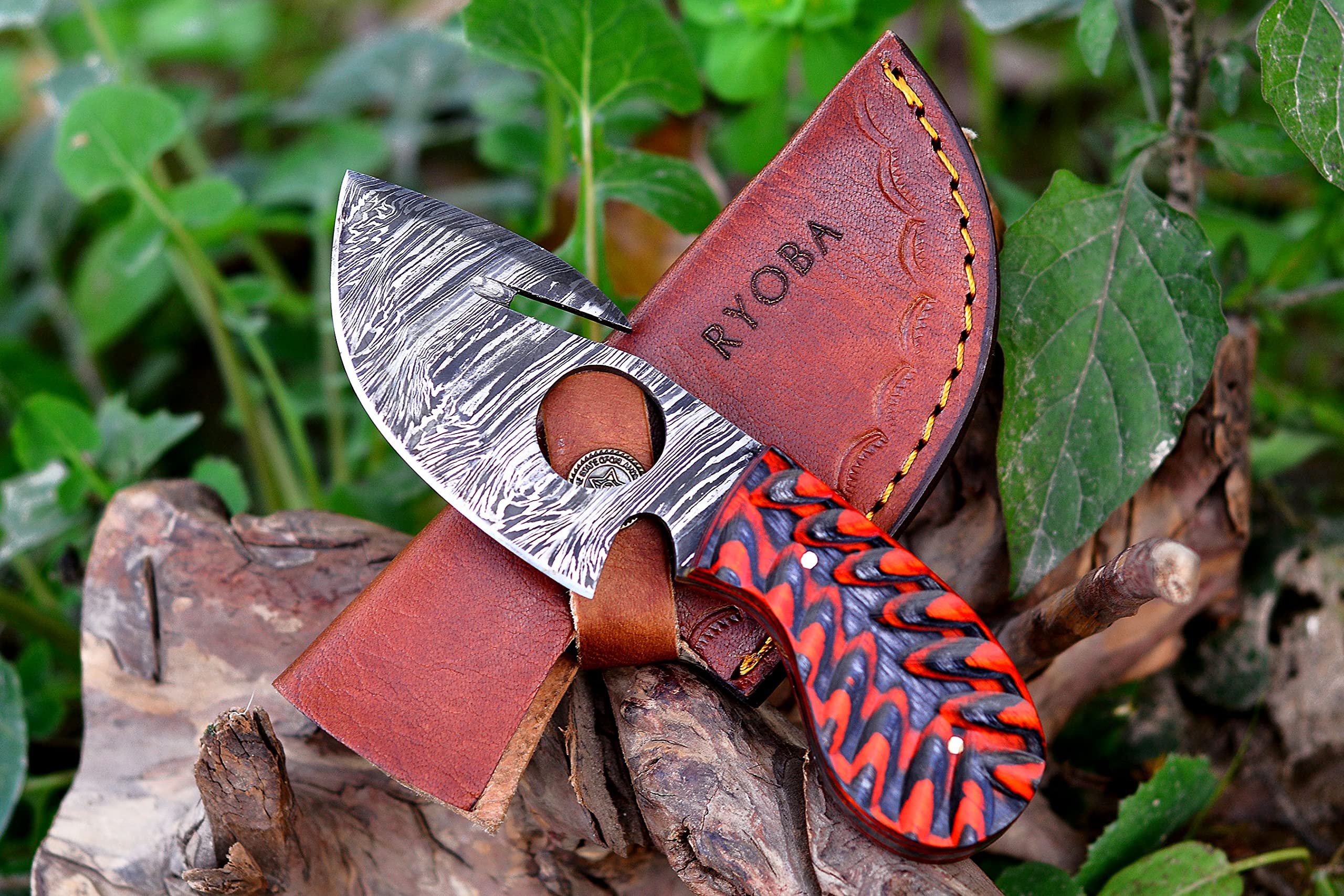 RYOBA Damascus Skinning Knife with Gut Hook - Handmade Damascus Steel Fixed Blade Hunting Knife - Orange/Black - Perfect for Field Dressing, Big Game Hunting & Outdoor Survival