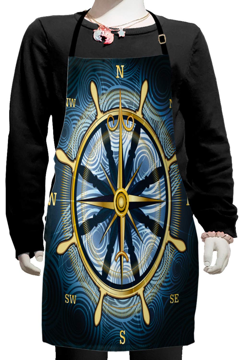 Ambesonne Adjustable Compass Apron - Nautical Windrose & Helm Design for Baking, Painting, Cooking - Small Size Yellow & Navy Blue Kitchen Apron - Perfect for Home Chefs, Artists & Maritime Enthusiasts