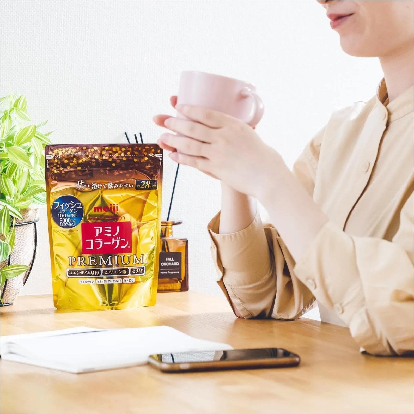 Meiji Amino Collagen Powder Premium 196g - Japanese Beauty Supplement for Skin, Hair & Nails - Perfect for Daily Anti-Aging & Wellness Routine