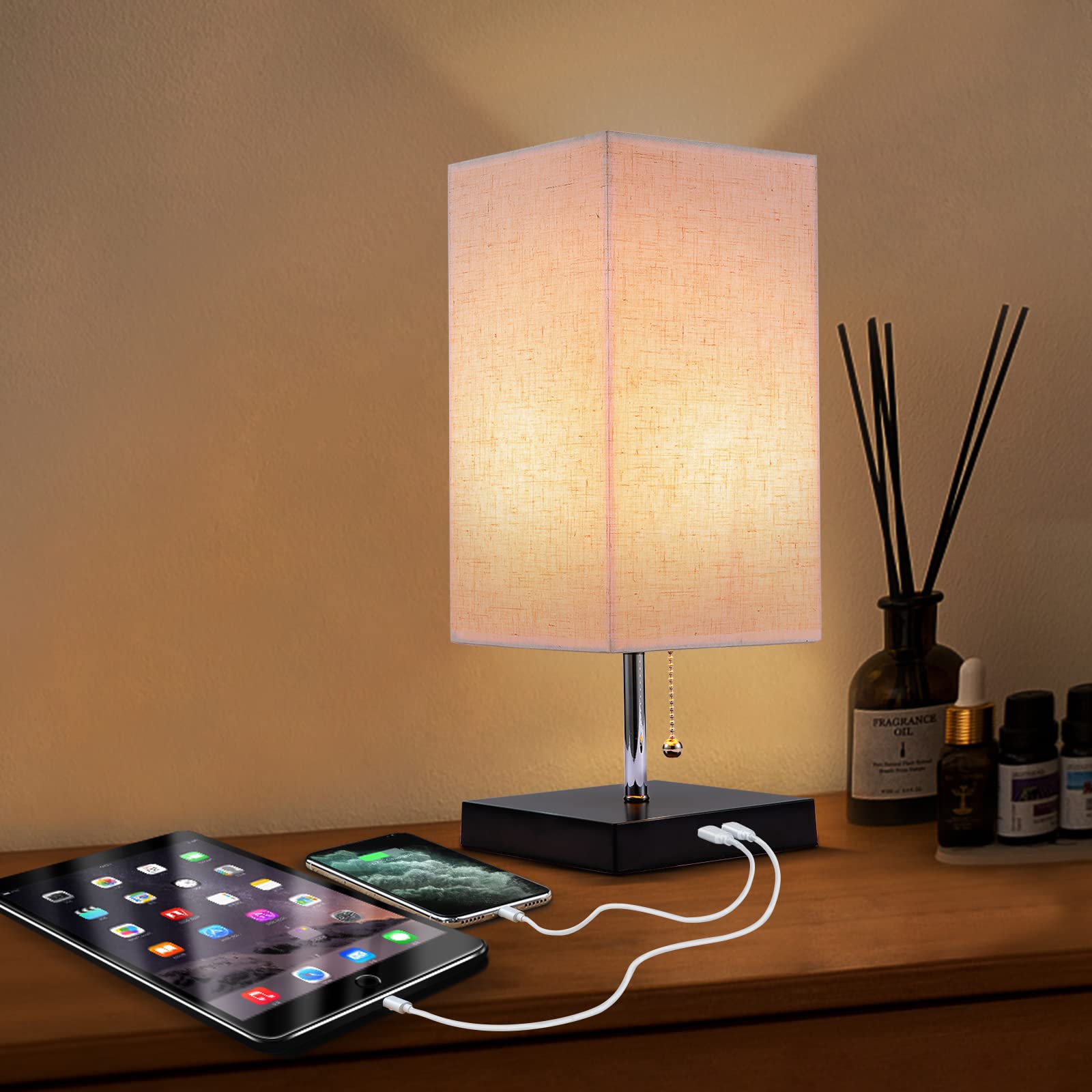 Siljoy Modern Table Lamp with 2 USB Charging Ports - Beige Fabric Lampshade & Black Wooden Base, Pull Chain Switch Nightstand Lamp for Bedroom, Living Room | Perfect for Reading, Working & Charging Devices