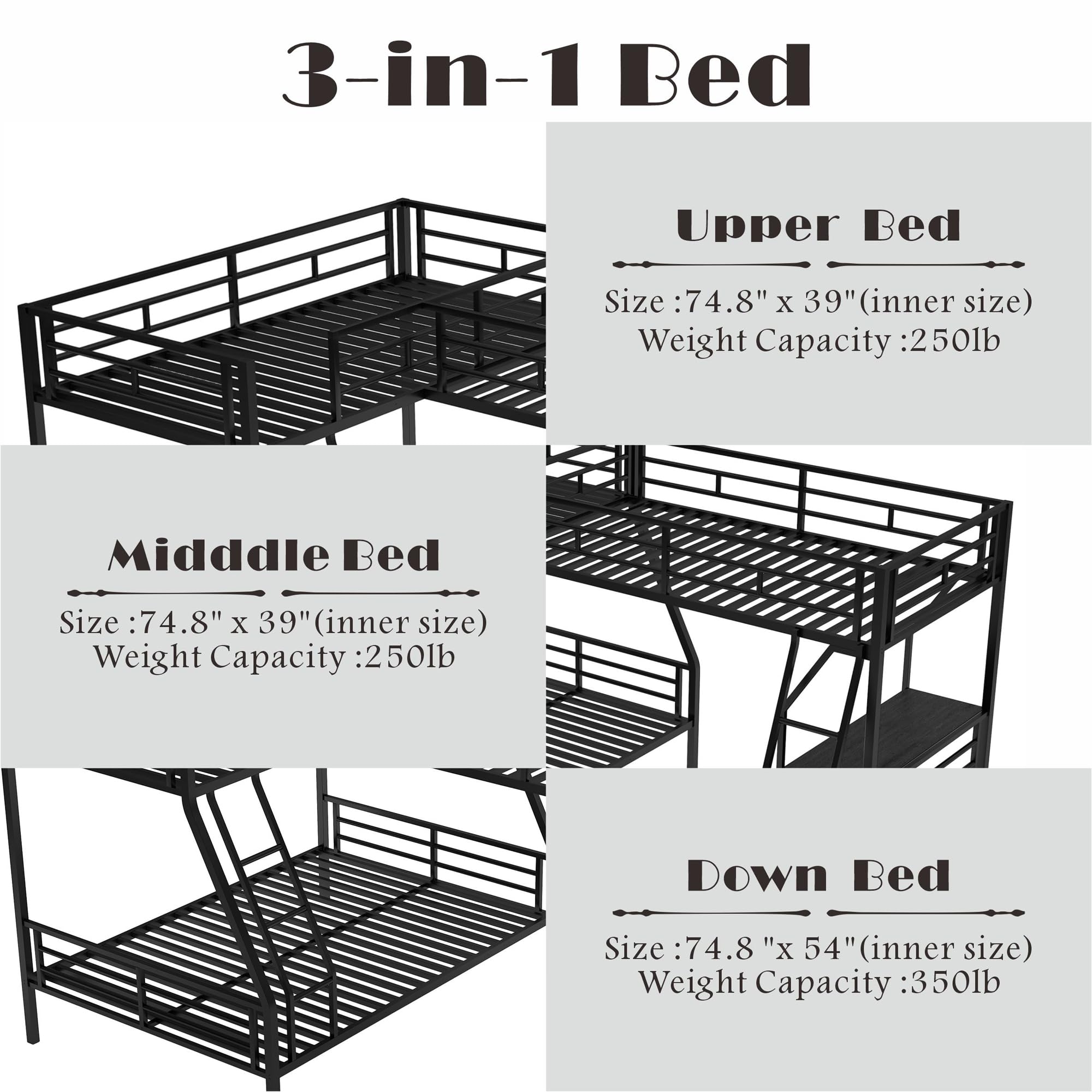 SOFTSEA Triple Bunk Bed with Desk - Twin Over Twin Over Full Metal Loft Bed for 3 Kids, Space-Saving L-Shaped Design with Ladder, No Box Spring Needed - Perfect for Small Bedrooms, Kids' Rooms & Shared Spaces