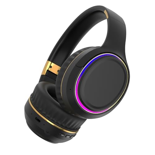 Foldable Wireless Over-Ear Headphones with RGB Lights - Bluetooth 5.0 Headset for iPhone, Android, PC, Laptop - Noise Cancelling for Music, Gaming, Workouts, Study & Office Use - Comfortable Lightweight Design (Black)