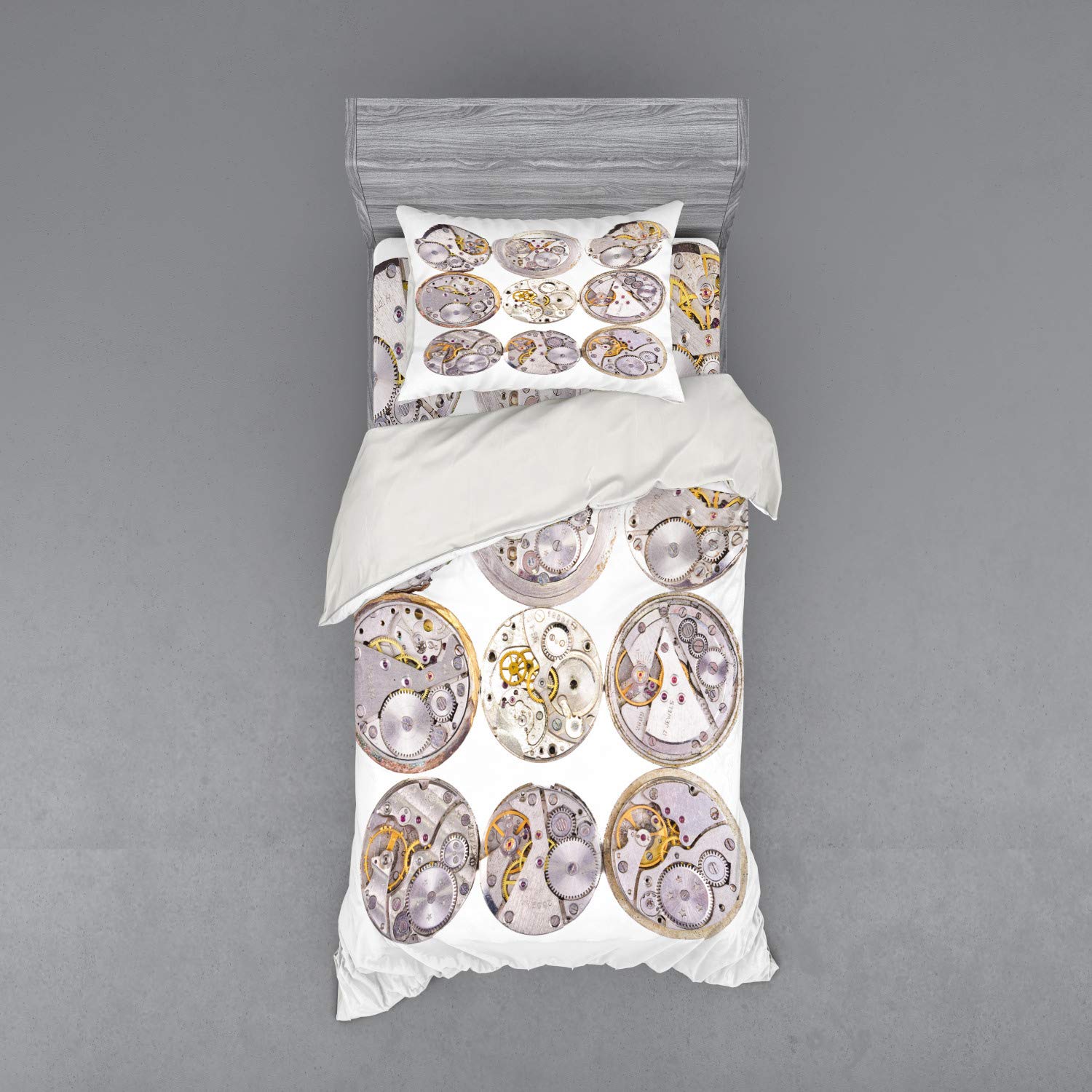 Ambesonne Clock Bedroom Set - Vintage Watch Repair Theme Duvet Cover with Sham & Fitted Sheet, 3-Piece Twin Size in Grey & Yellow | Perfect for Steampunk Decor & Industrial Style Bedrooms