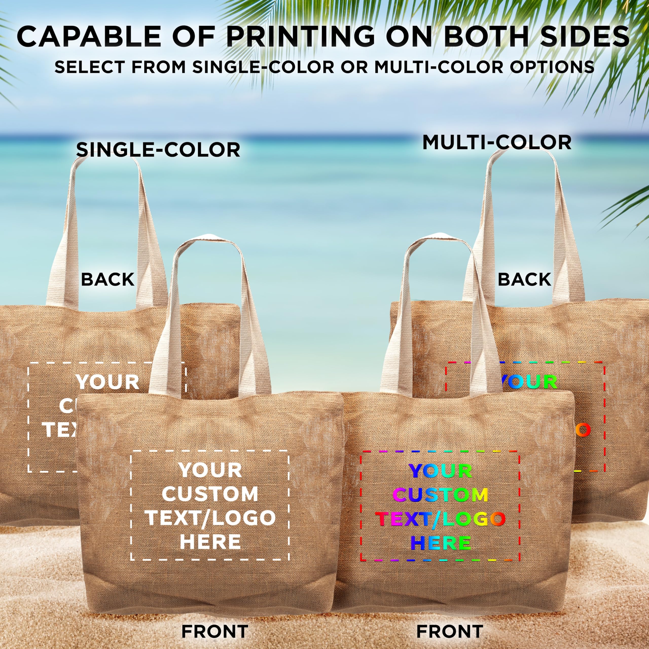 50 Pack Natural Jute Fiber Tote Bags with Custom Text & Logo - Eco-Friendly Reusable Grocery Bags with Sturdy Webbing Handles for Shopping, Beach, Farmers Market & Everyday Use