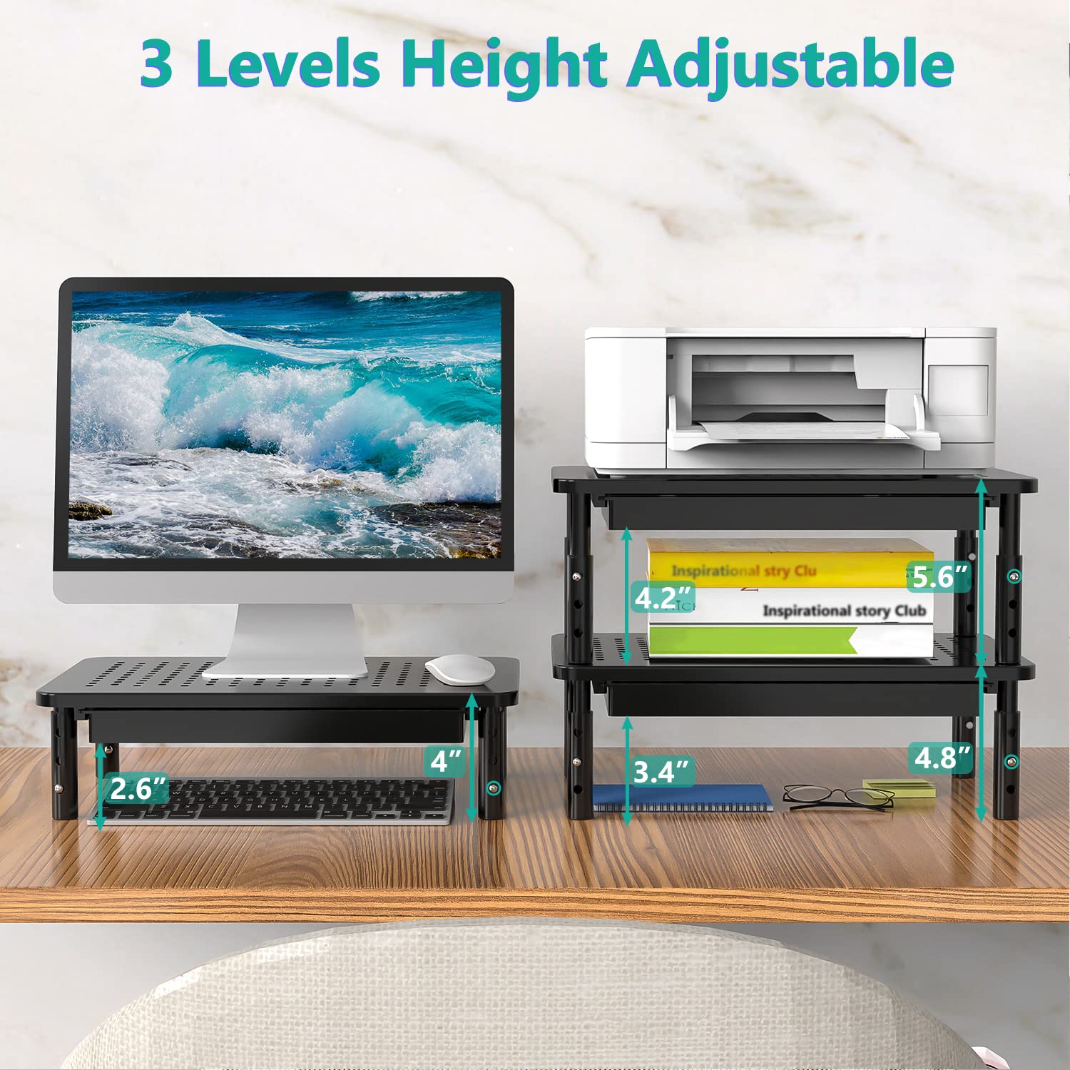 WALI Adjustable Monitor Stand with Storage - 3 Height Settings, Laptop Riser with Airflow Vents, Desk Organizer for Computer, Printer & Notebook (STT003D-B) - Perfect for Home Office, Gaming Setup & Workspace Organization (Black, 1 Pack)