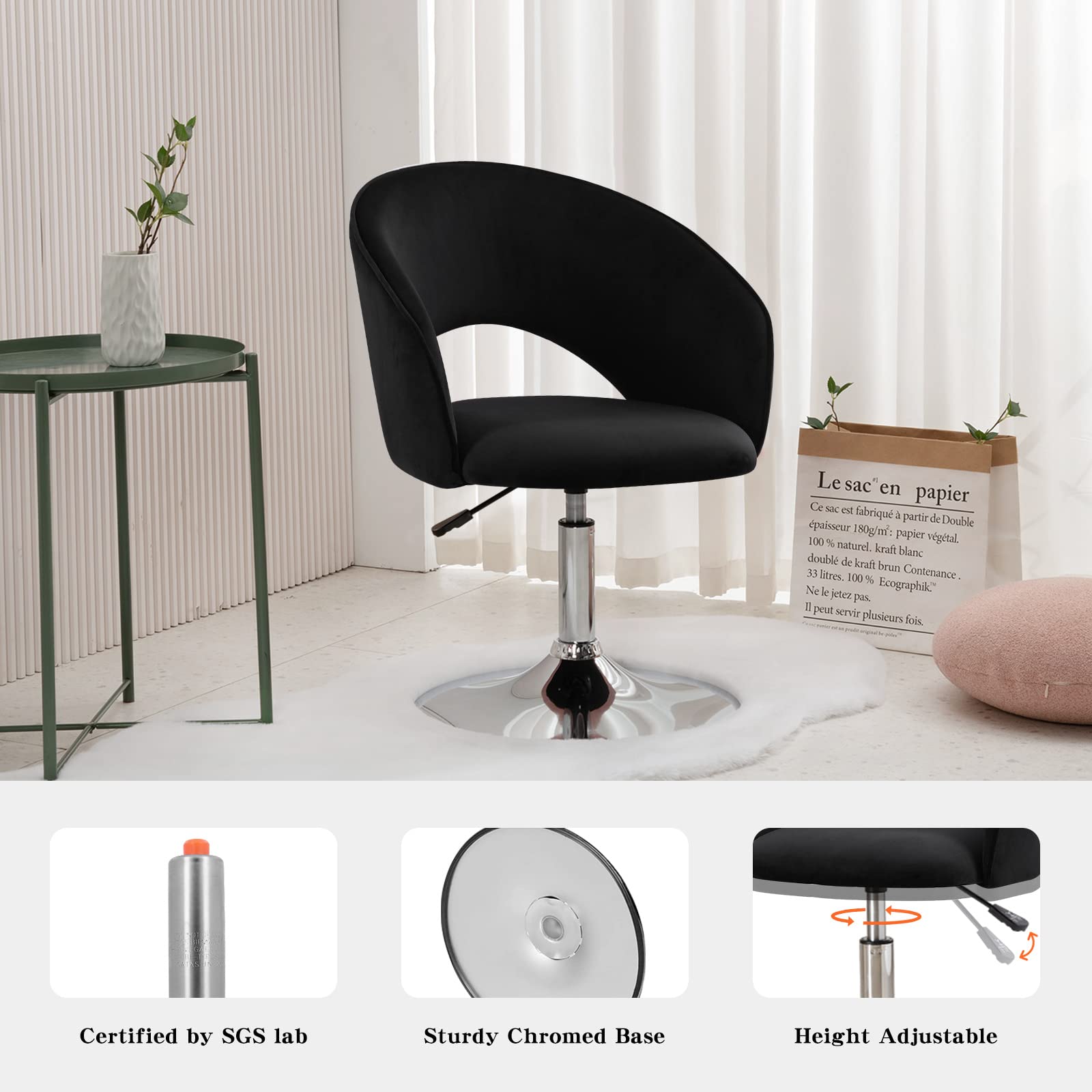 Furnimart Adjustable Black Velvet Vanity Chair with Back - Swivel Makeup Stool with Chrome Frame & Hollow Backrest - Accent Chair for Living Room, Bedroom, Dressing Table - Perfect for Makeup, Reading & Relaxing (Black)
