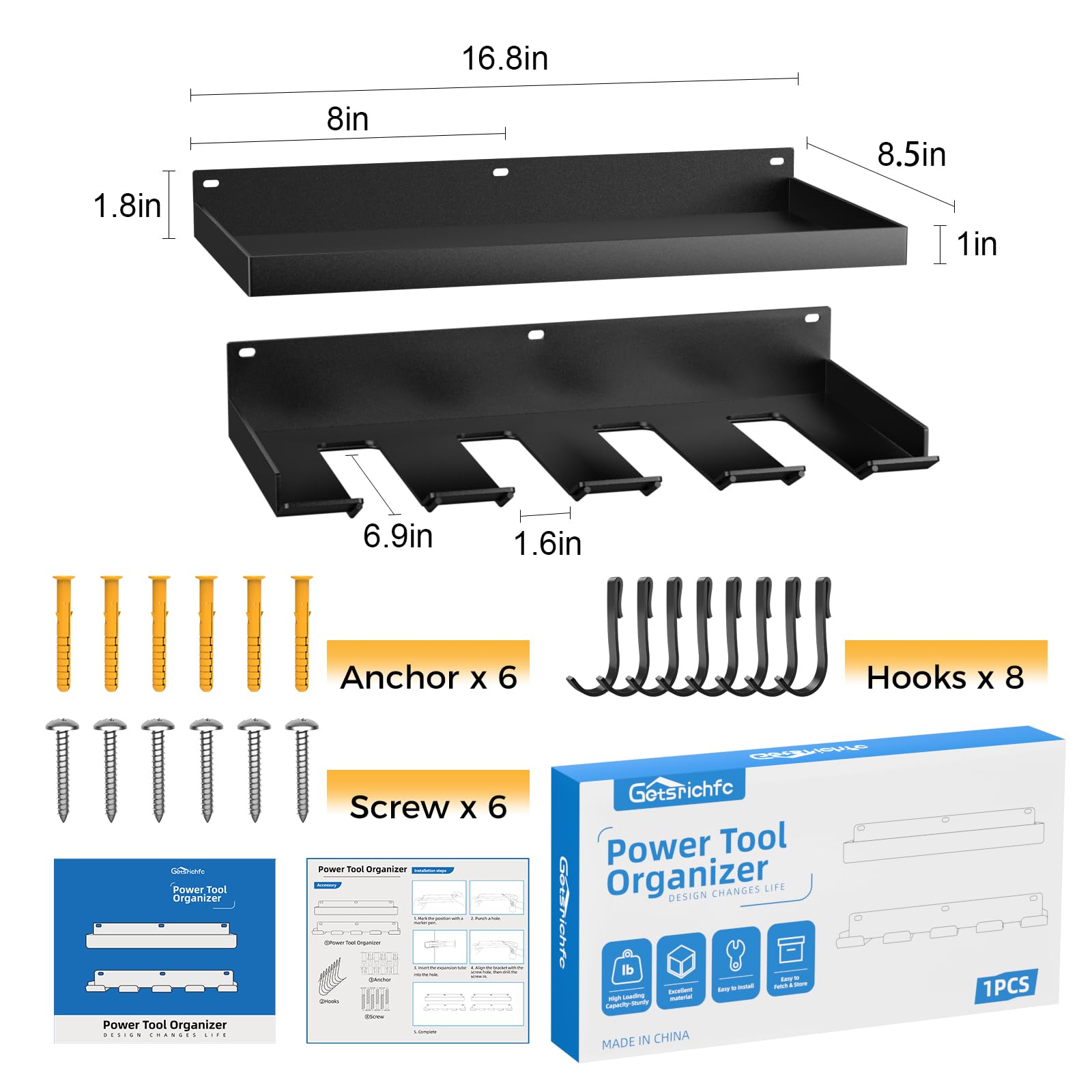 Heavy Duty Wall Mount Power Tool Organizer with 4 Drill Holders & Hooks - Garage Storage for Batteries, Tool Box, Screwdrivers, Pliers & Hammers | Perfect Workshop Organization & DIY Gifts for Men
