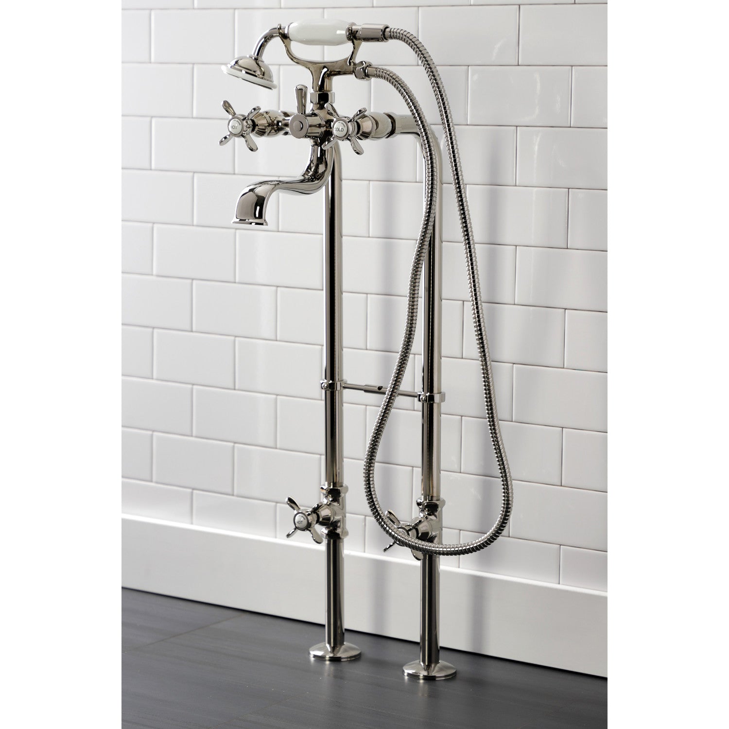 Essex Three-Handle 2-Hole Freestanding Clawfoot Bathtub Faucet Set with Supply Lines & Stop Valves - Perfect for Vintage Bathroom Renovations & Luxury Spa Retreats