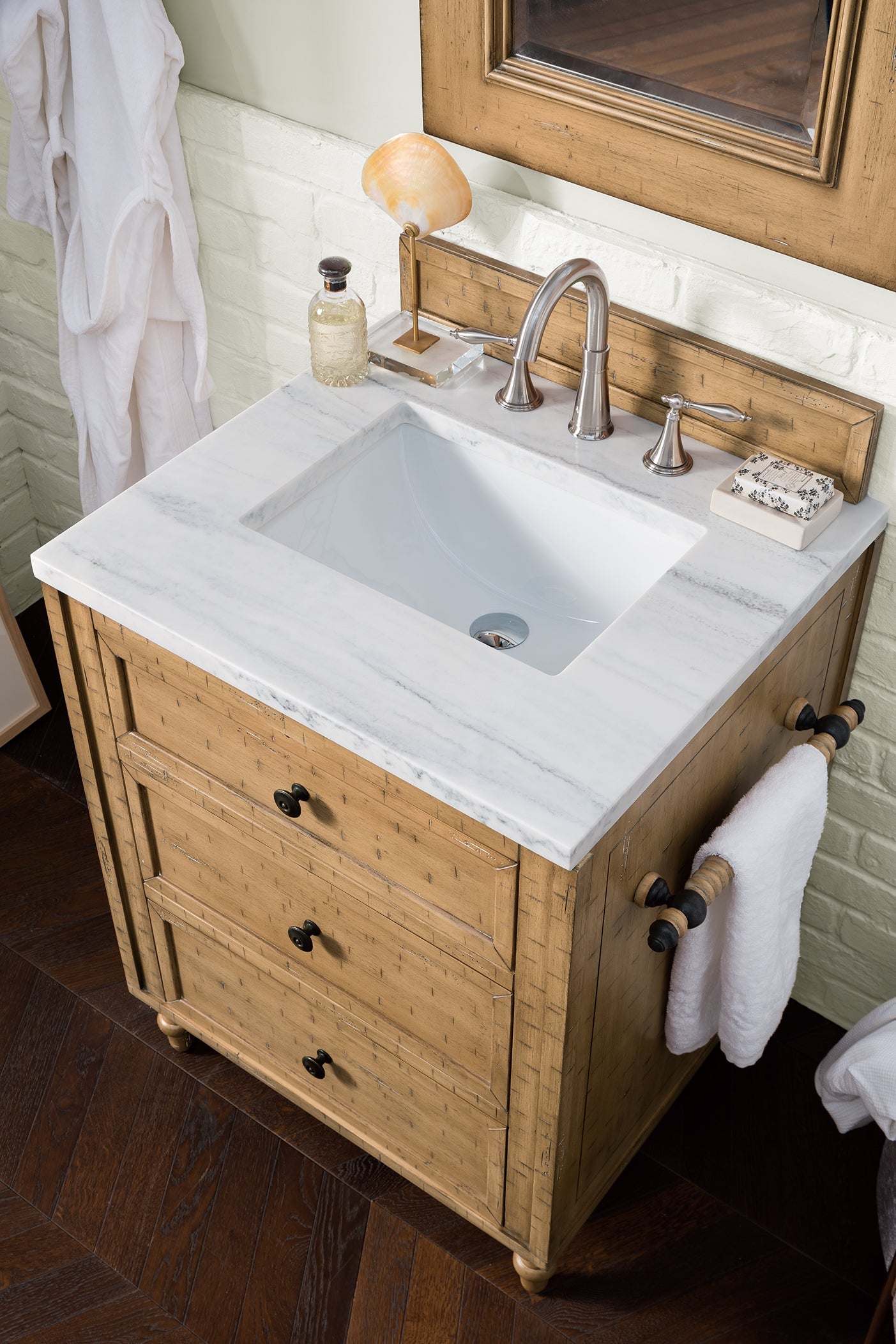Copper Cove 26 Inch Driftwood Patina Bathroom Vanity with 3CM Arctic Fall Solid Surface Top - Modern Single Sink Vanity for Small Bathrooms & Powder Rooms