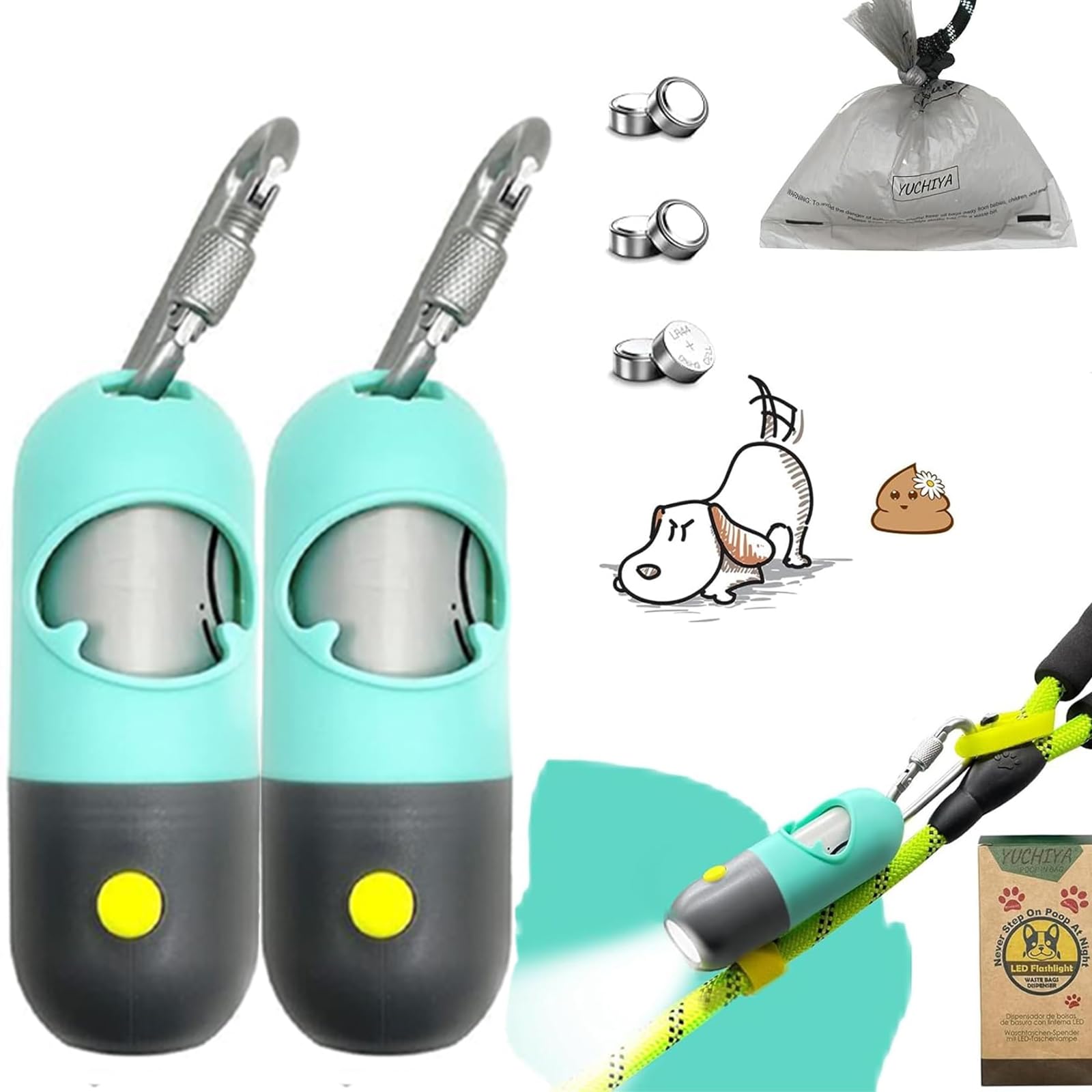 LED Dog Poop Bag Holder with Flashlight | Leash-Mounted Pet Waste Dispenser | Waterproof Doggie Potty Bags Container & Accessories (2 Holders + 30 Bags, Mint Green) | Perfect for Night Walks, Park Visits & Travel