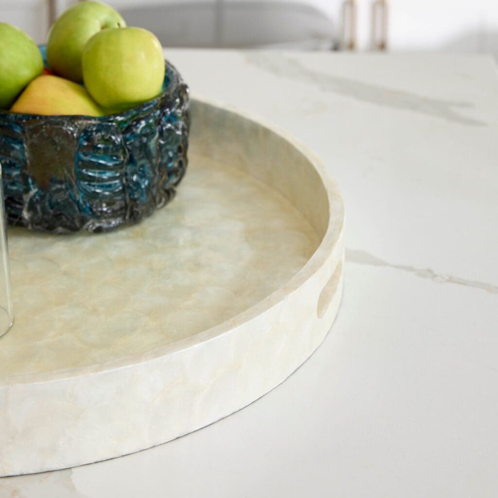Cyan Design 11687 Triton 24 Inch Round Tray - Pearl Finish, Large Decorative Serving Tray for Dining, Coffee Table, or Wall Decor