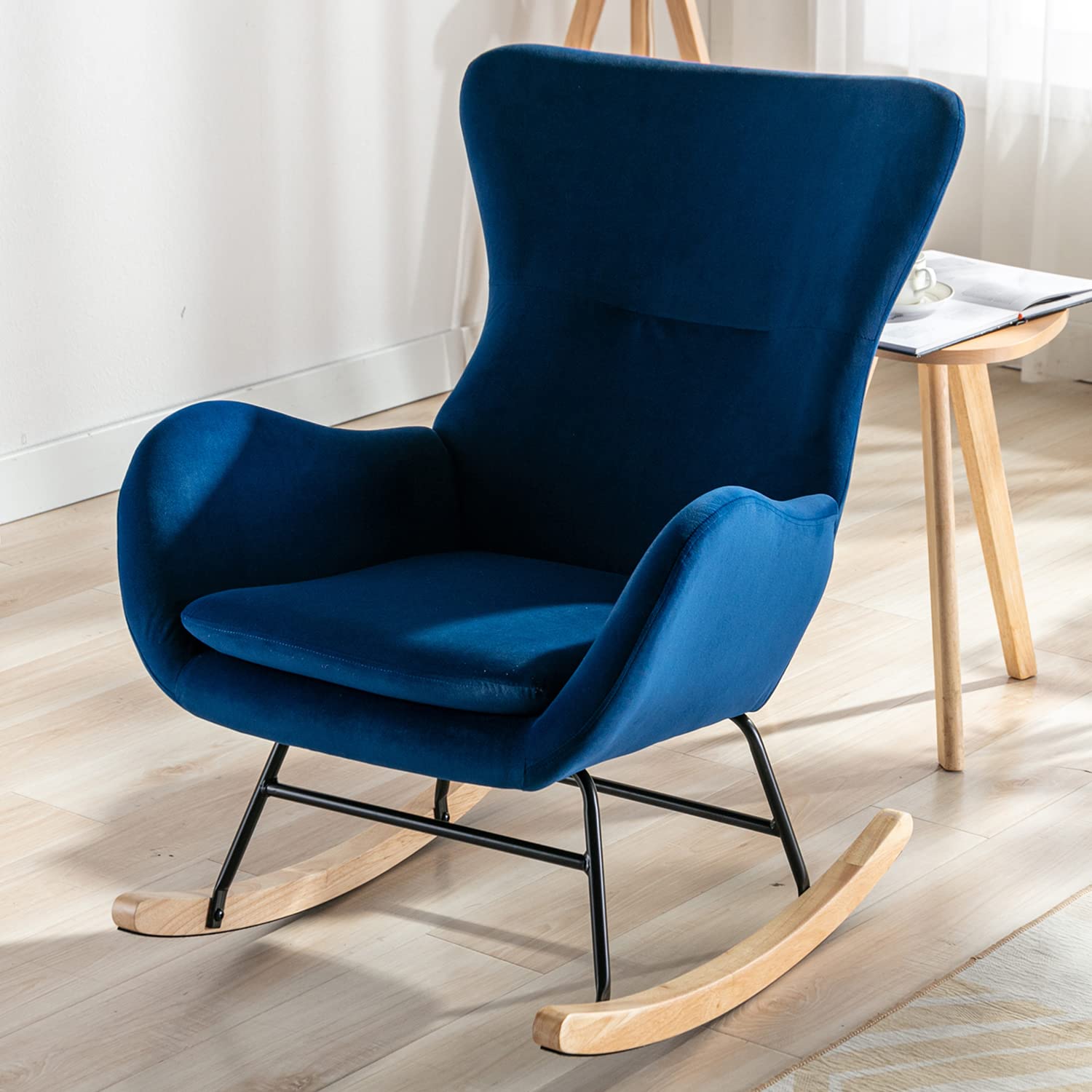 Modern Rocking Chair - Comfortable Upholstered Accent Chair with High Backrest & Armrests, Nursery Glider Rocker for Baby Room, Living Room & Bedroom (Blue) - Perfect for Nursing, Relaxing & Reading