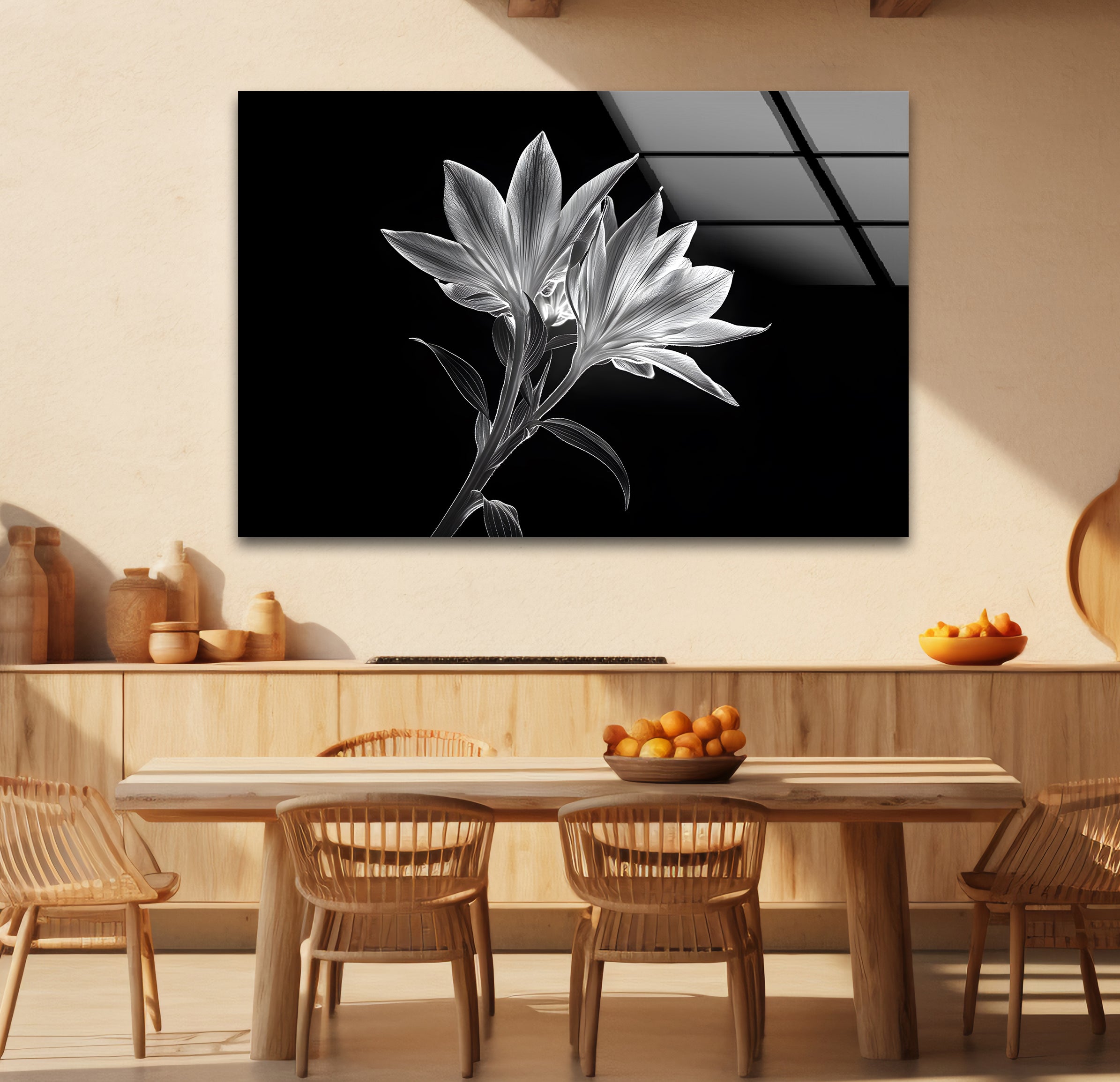Black and White Xray Lilies Glass Wall Art - Elegant Floral Decor for Living Room, Bedroom, or Office - Perfect for Home and Office Decor