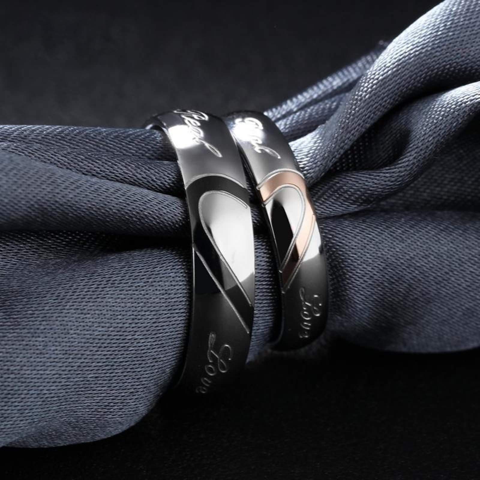 KnSam Couple Rings - Stainless Steel Half Heart Shape with Black Rose Gold Finish - Matching Promise Rings for Couples - Perfect for Anniversaries, Engagements & Romantic Gifts